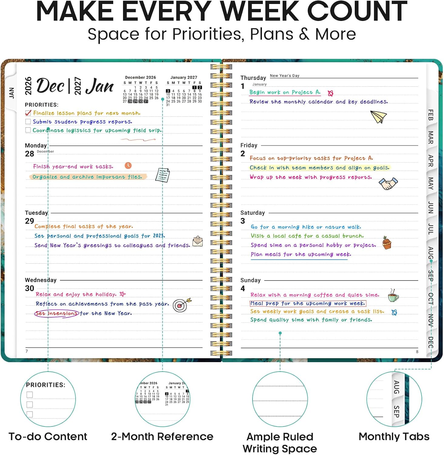 Detalle de JEJEGO J003-2627F-A5-E 2027 Weekly and Monthly Planner, Hardcover, Spiral-Bound