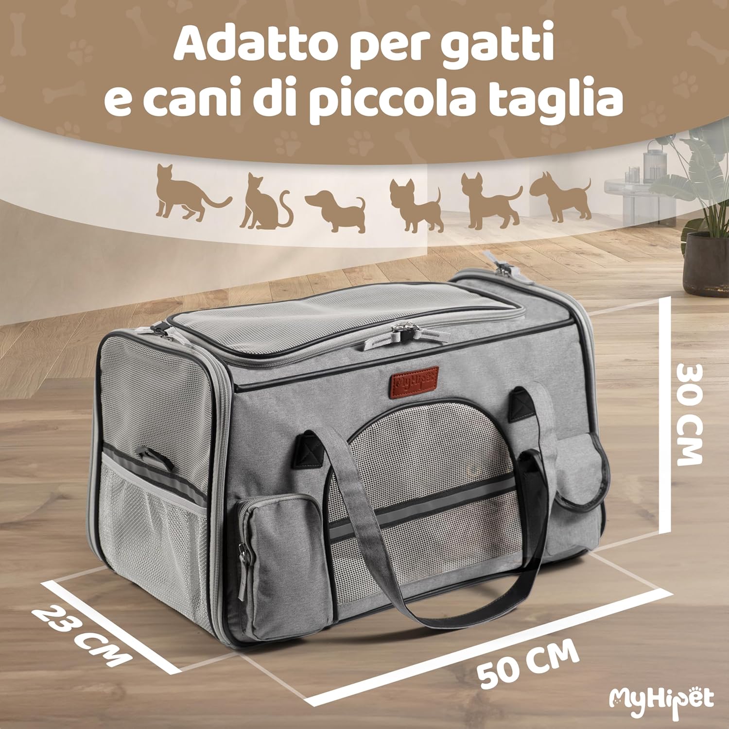 Thumbnail 3 de MyHiPet Trasportino per gatti e cani grande in Oxford 300D 48x28x30 cm grigio, con doppia apertura