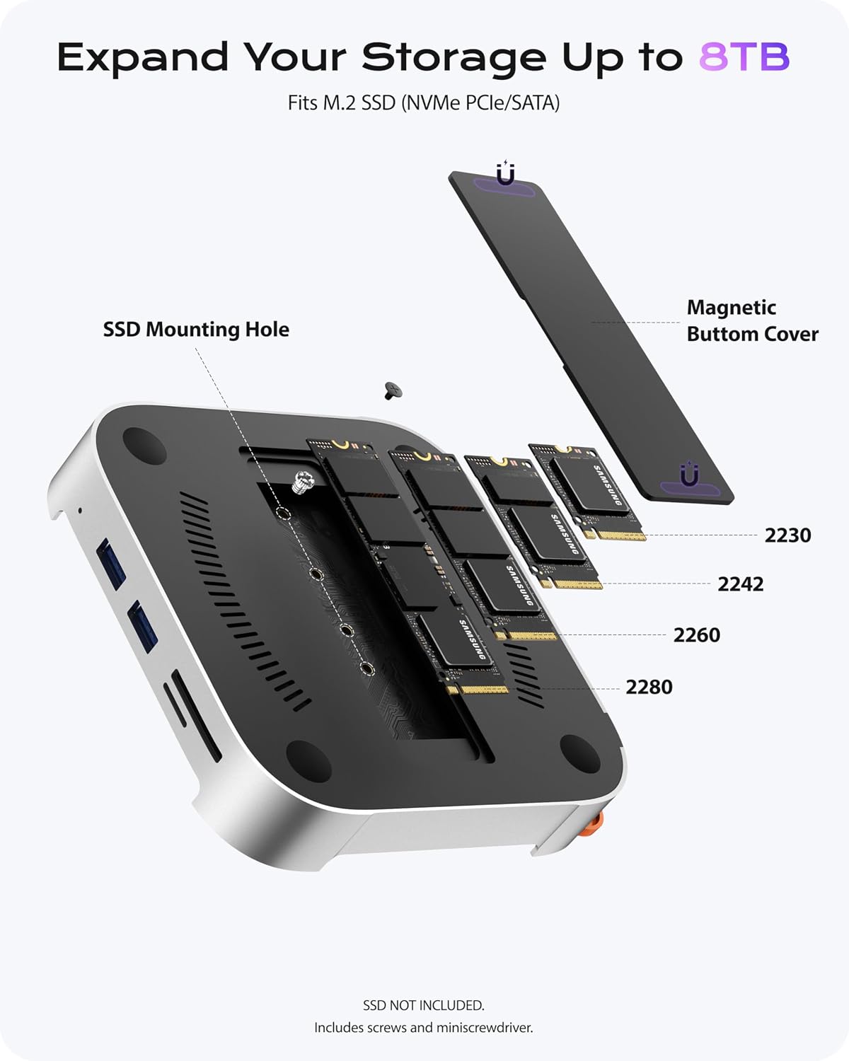 Detalle de Stouchi Mac Mini M4 Dock: 8TB SSD Enclosure, 8-Port Hub & Power Button for a Neat Mac Mini Setup
