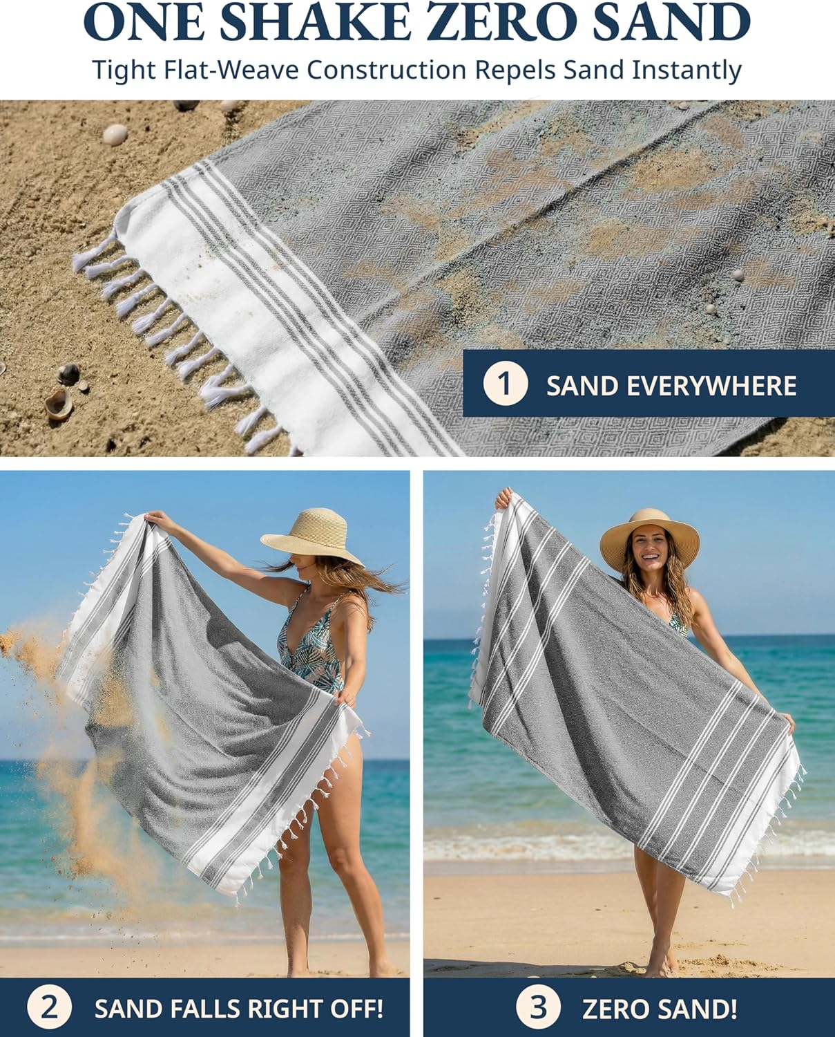 Detalle de Lane Linen Beach Towel (2-Pack) — Oversized 39" x 71" Quick Dry, Sandproof Travel Towels in Ebony