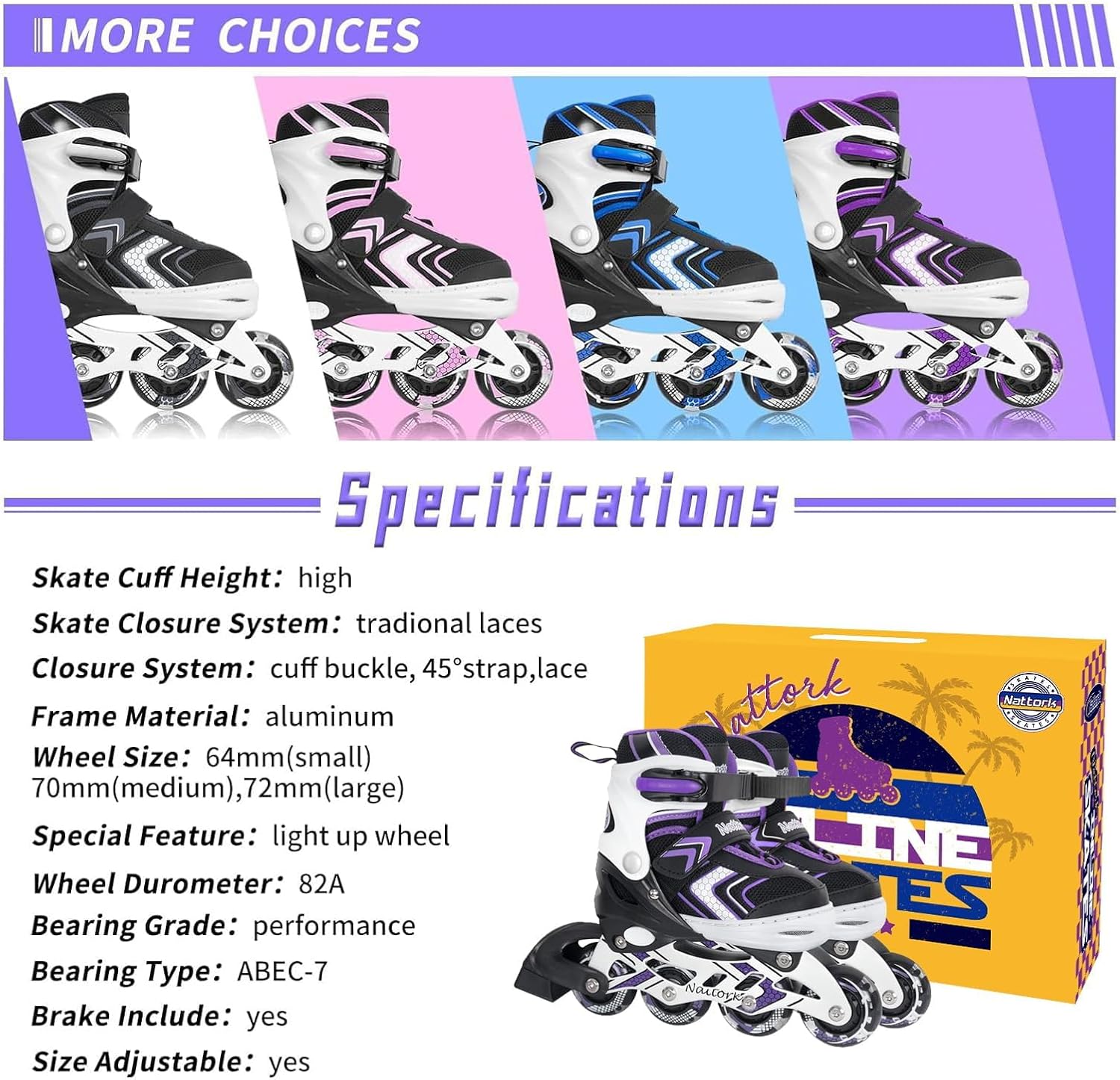 Detalle de Nattork Adjustable Inline Skates with Full Light-Up Wheels for Kids (Purple/Pink/Blue/Black)
