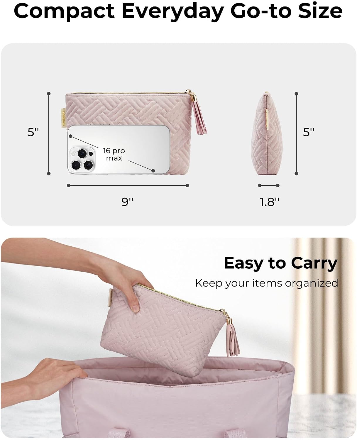 Detalle de BAGSMART Small Cosmetic Bag (Pink) — water-repellent zipper pouch for travel makeup & essentials