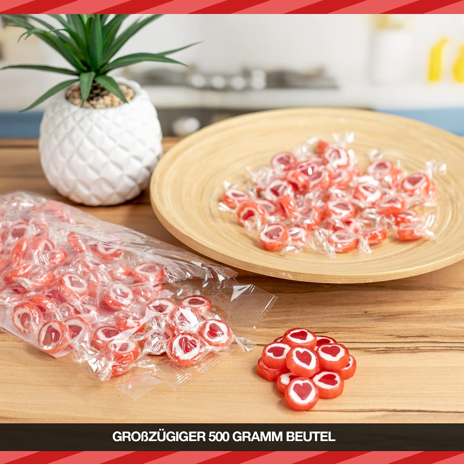 Detalle de Rote Herzbonbons FOOD crew 500 g, einzeln verpackt – Herzbonbons für Candy Bar & Gastgeschenke