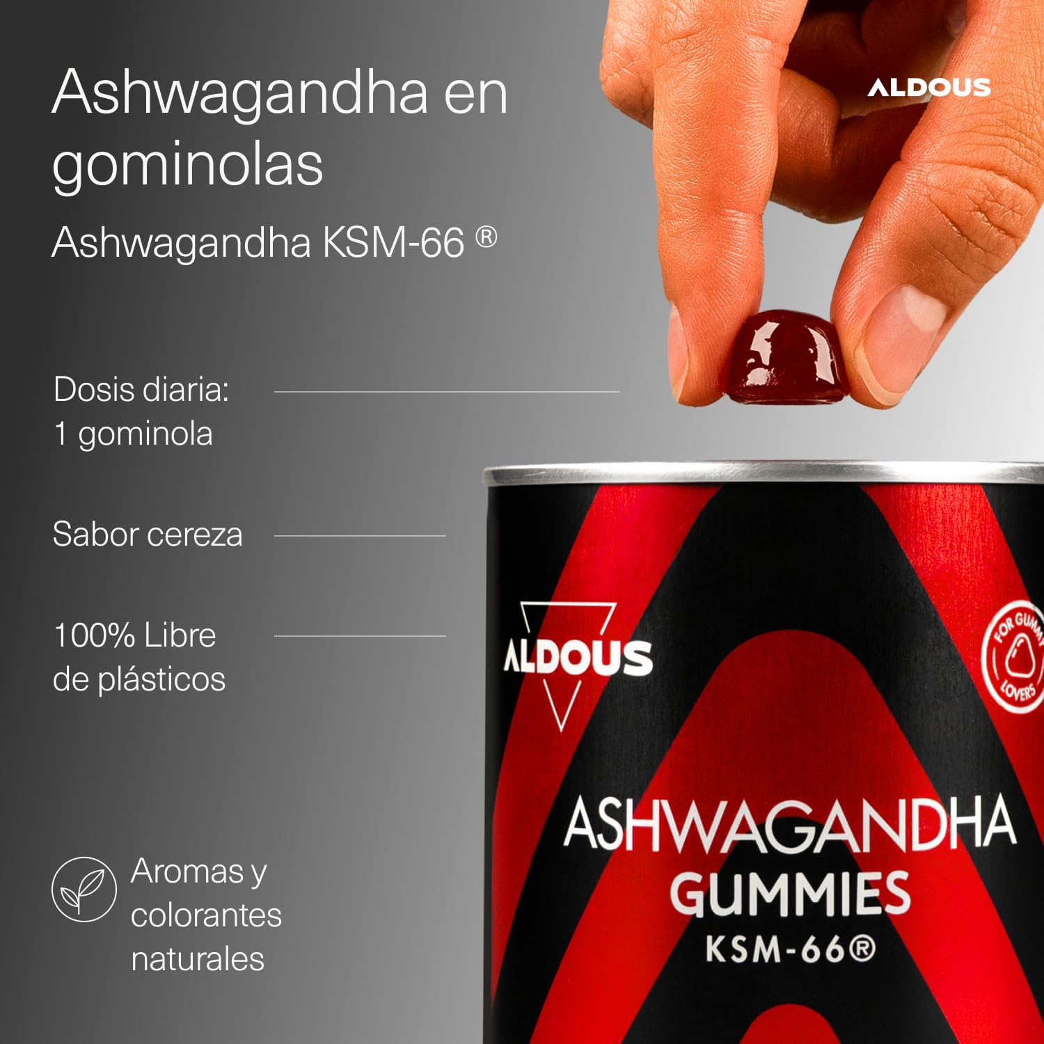 Detalle 2 de Aldous Bio Ashwagandha Gominolas - 120 Gummies Sabor Cereza | KSM-66 y Relajación Natural