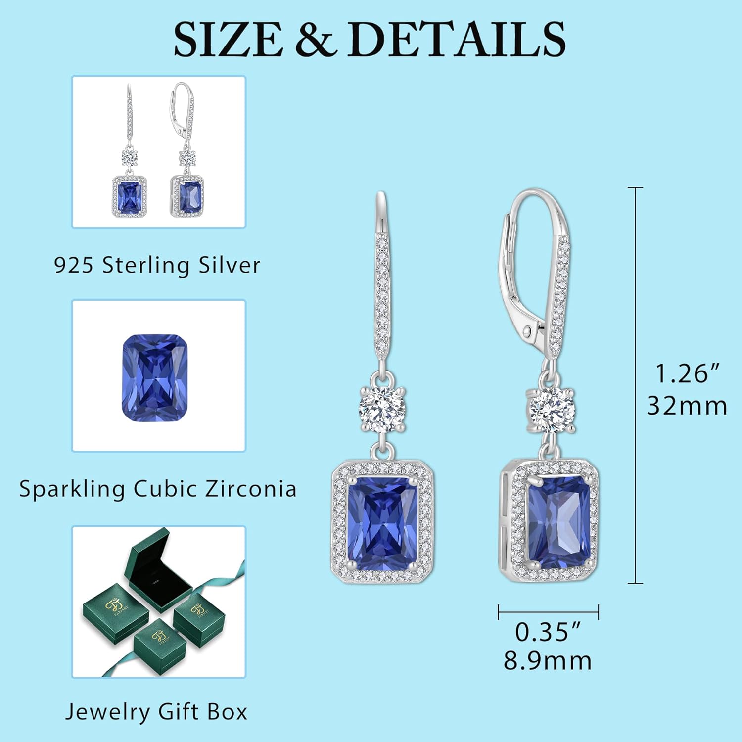 Thumbnail 5 de FJ Rectangular Cut Dangle Drop Earrings 925 Sterling Silver Birthstone Leverback