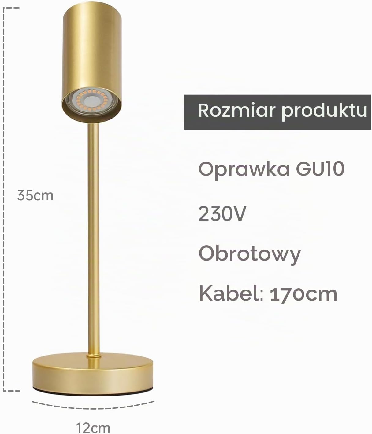 Detalle de CBJKTX złota lampka stołowa GU10, metalowa, obracana o 350°