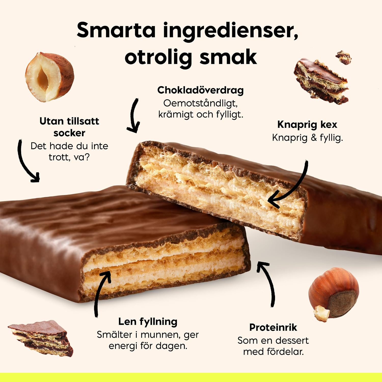 Detalle de N!CK'S Protein Wafer Bar med hasselnöt, 25 % protein, glutenfri, 24 × 40 g