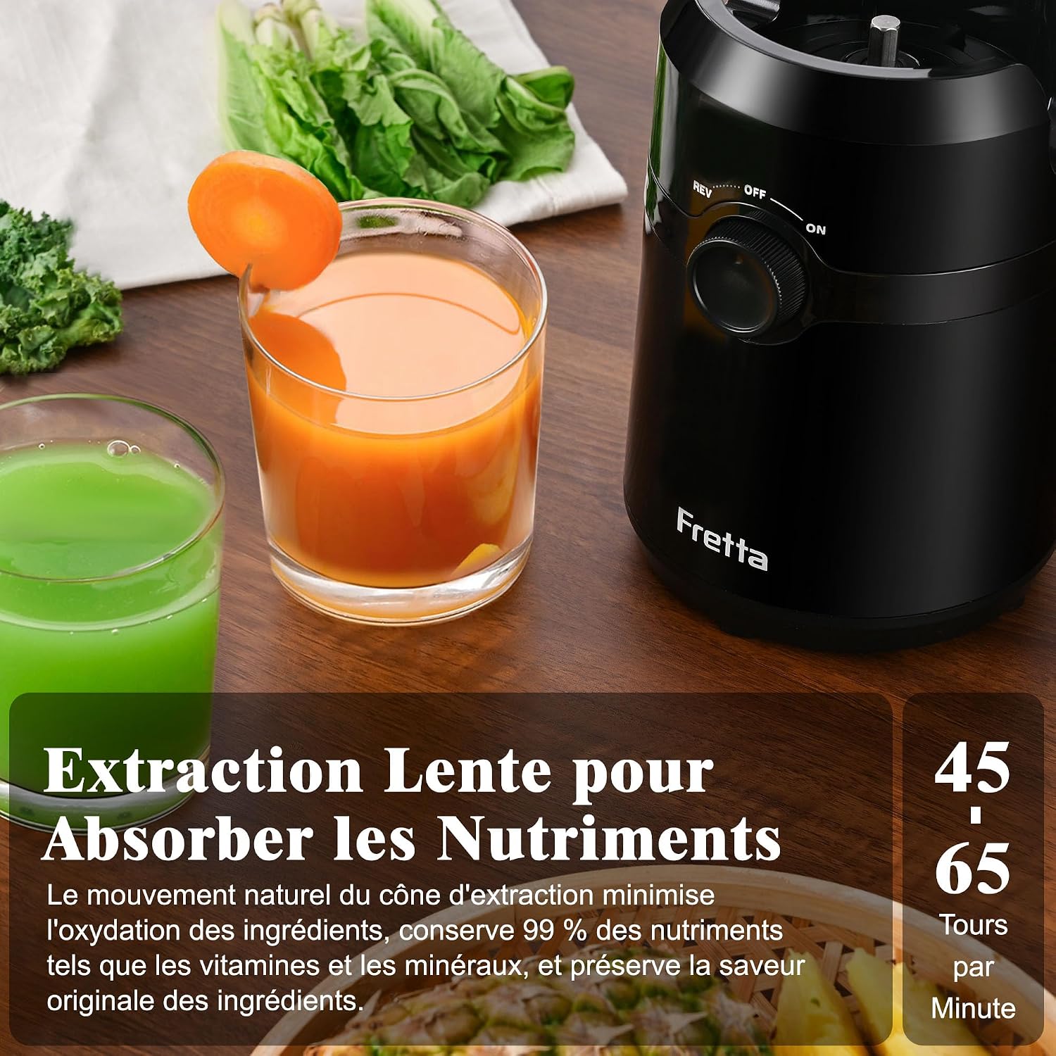 Detalle 2 de Extracteur de jus Fretta Slow Juicer 108 mm, pression à froid, grande ouverture et cuve 1 L (sans BPA) – 200 W