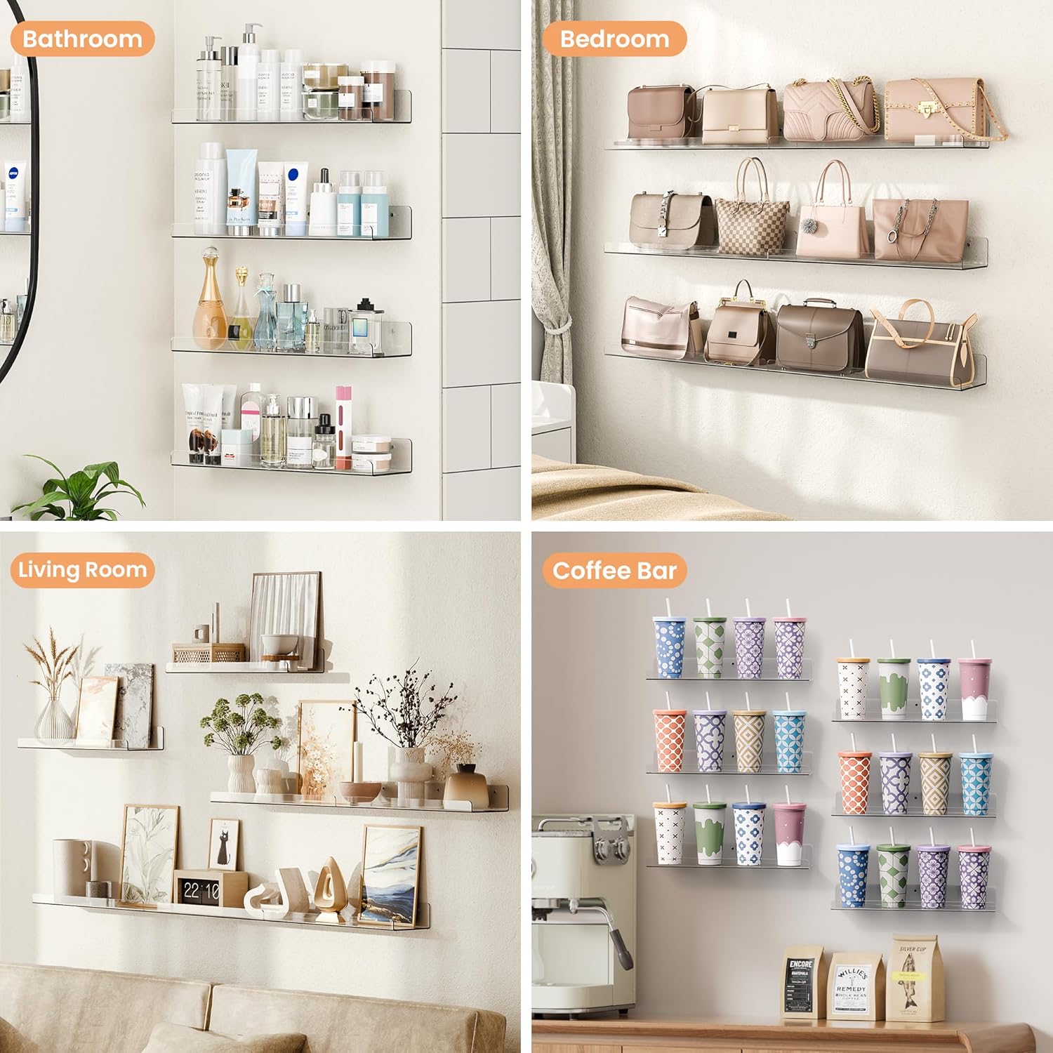 Thumbnail 5 de upsimples 6 Pack Acrylic Shelves for Wall Storage — 15 x 4 inches, Clear Floating Shelves