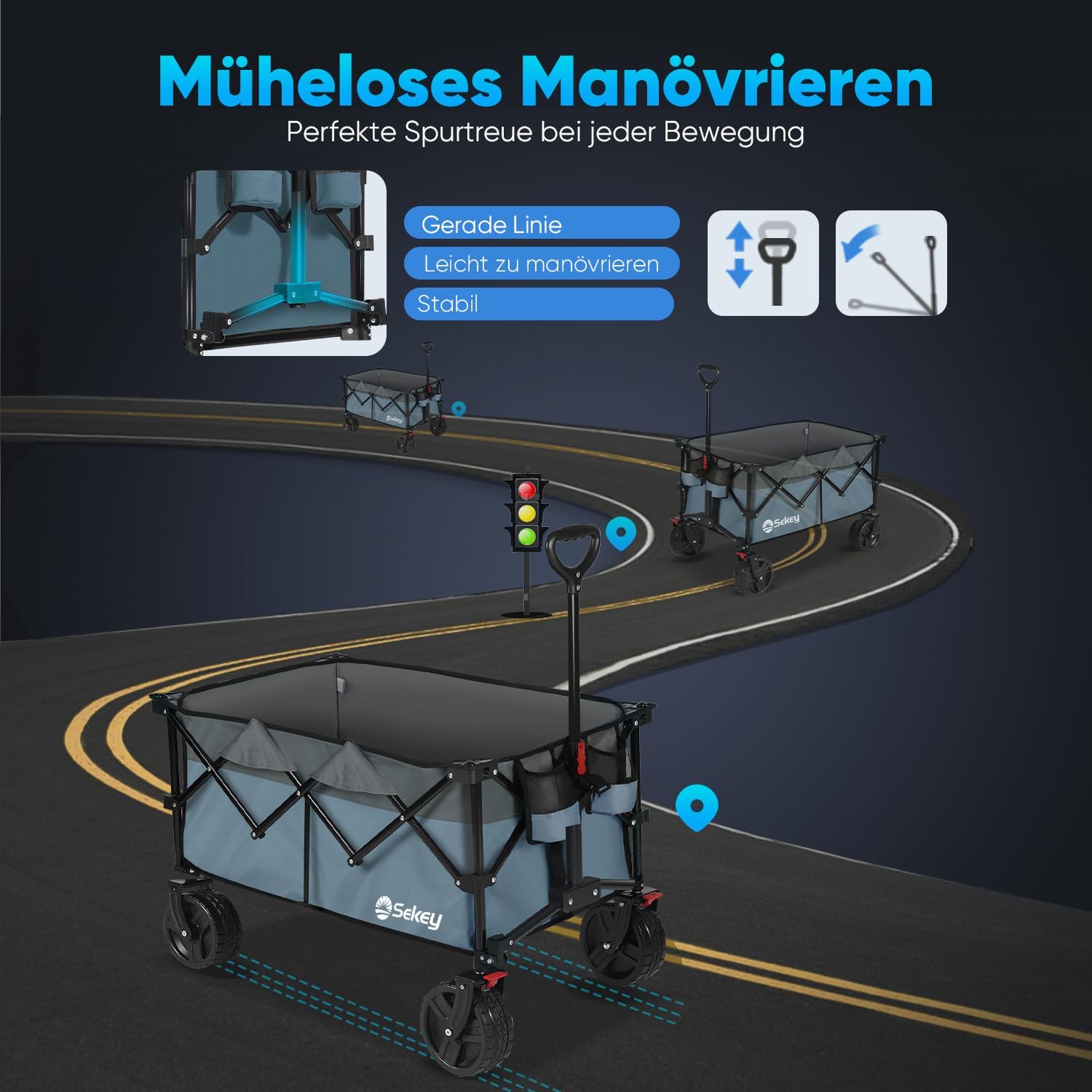 Thumbnail 3 de Sekey XXL Plus Bollerwagen faltbar mit Bremsen, 200 l Stauraum und All-Terrain-Reifen (XXL-PlusB 4011, Blau-Grau)