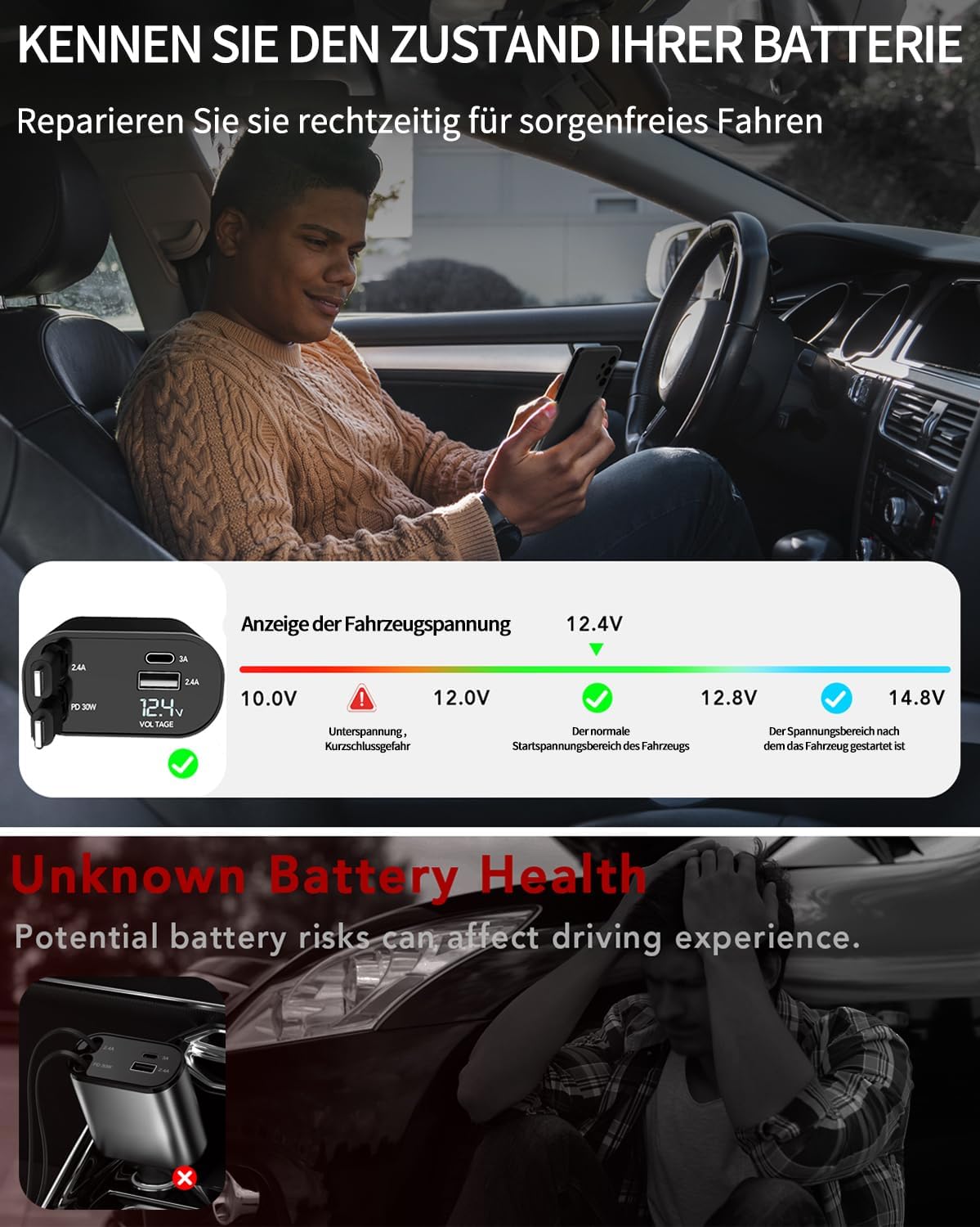 Detalle de Aimtel 4 in 1 Zigarettenanzünder USB C 66W Auto Ladegerät – inkl. einziehbarem Kabel