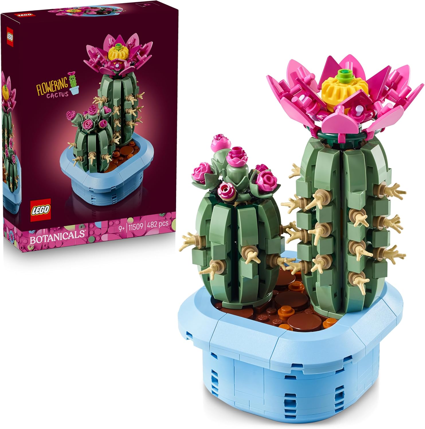 Detalle de LEGO Botanicals Cactus in Fiore – Pianta artificiale con 2 cactus e fiori finti in vaso blu pastello