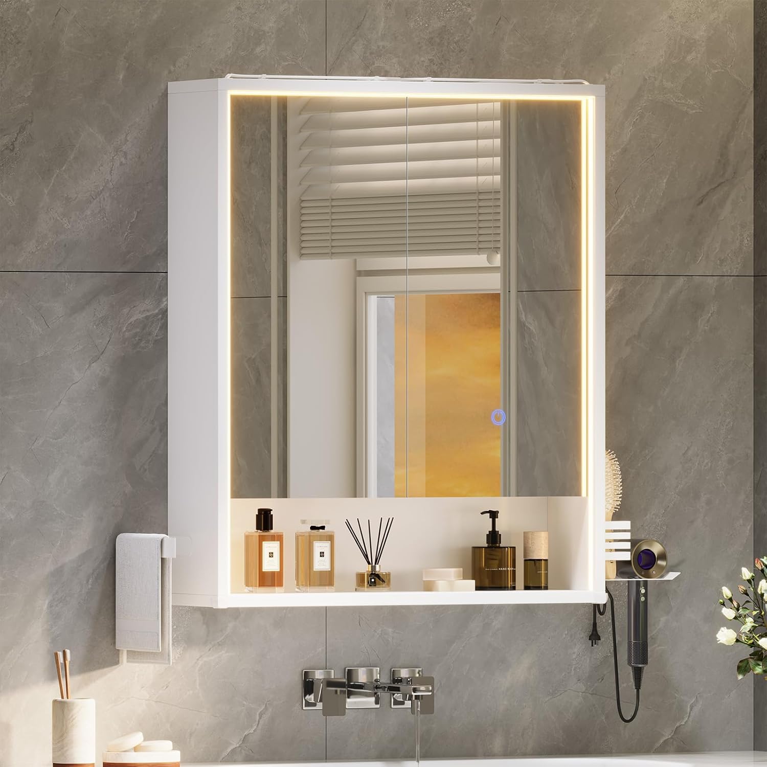 Thumbnail 2 de mojiasion Specchio Bagno Contenitore 60x78x18 cm con Luce LED 3 Lati, Touch, USB e Porta asciugacapelli/Asciugamani