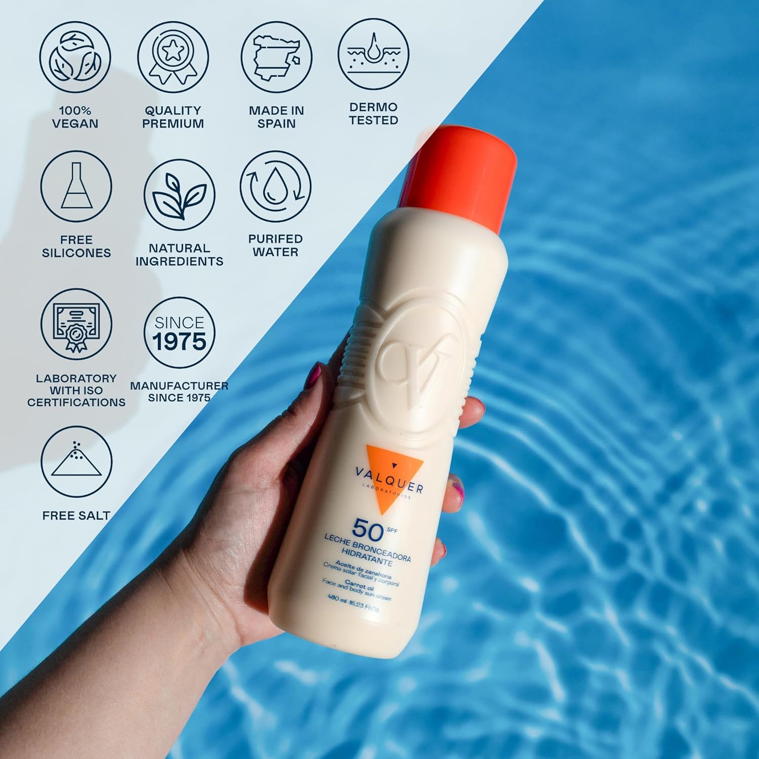 Detalle de VALQUER Lait autobronzant hydratant à la carotte FPS 50 (crème visage et corps) — 480 ml