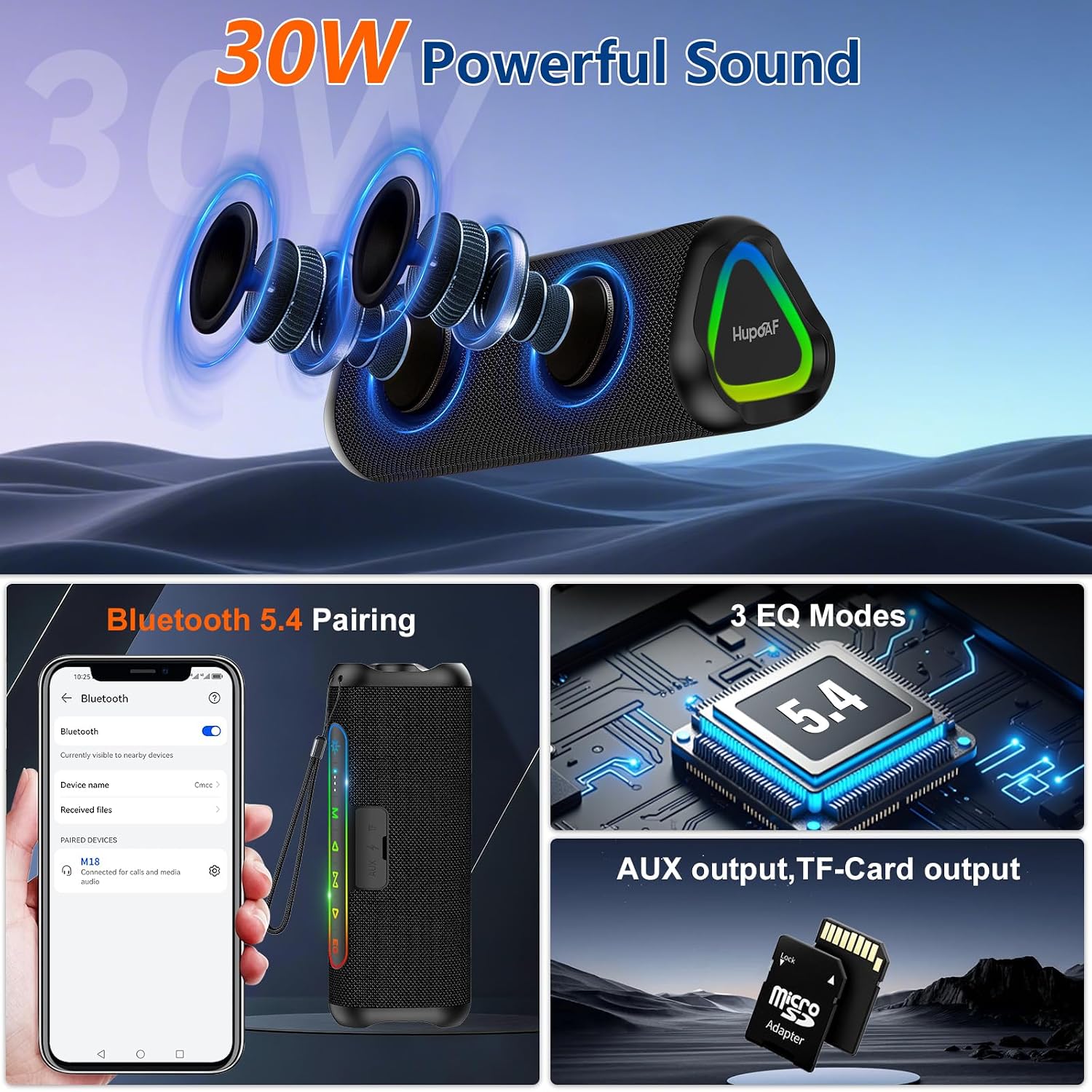 Detalle de Hupoaf Portable Bluetooth Speaker, 30W Peak