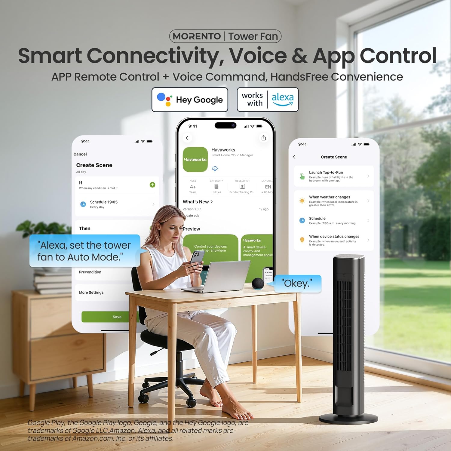 Detalle 2 de MORENTO 36-Inch Smart Tower Fan with Remote, 2.4GHz WiFi, App & Voice Control