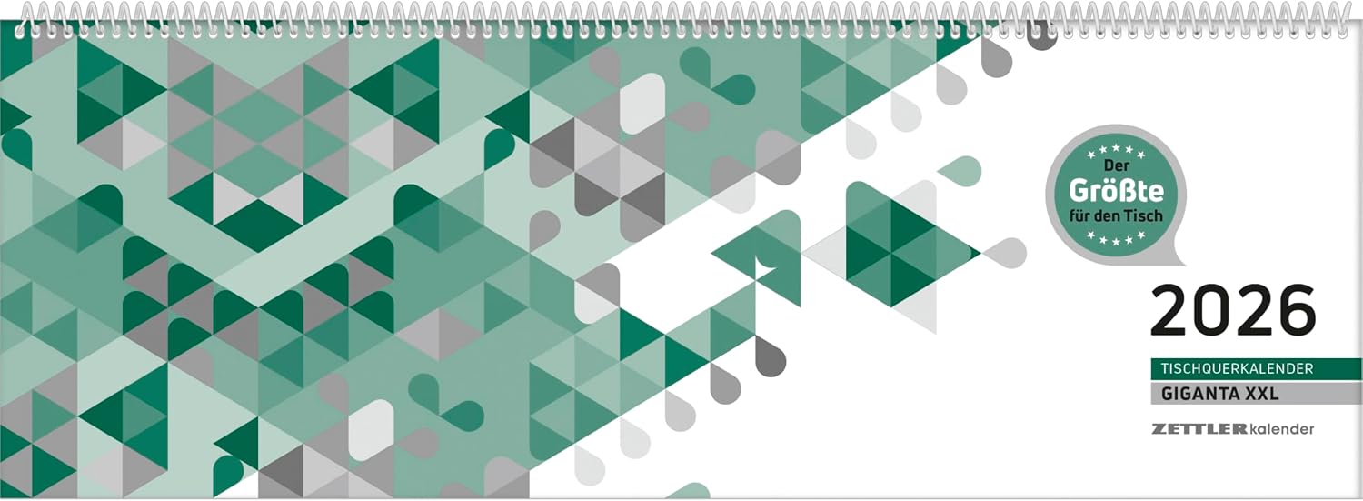 Detalle de Zettler Tischquerkalender Giganta XXL 1W/2S Grün 2026 – Wochenkalender mit Stundenplan von 7–22 Uhr, 42x15 cm, Spiralbindung