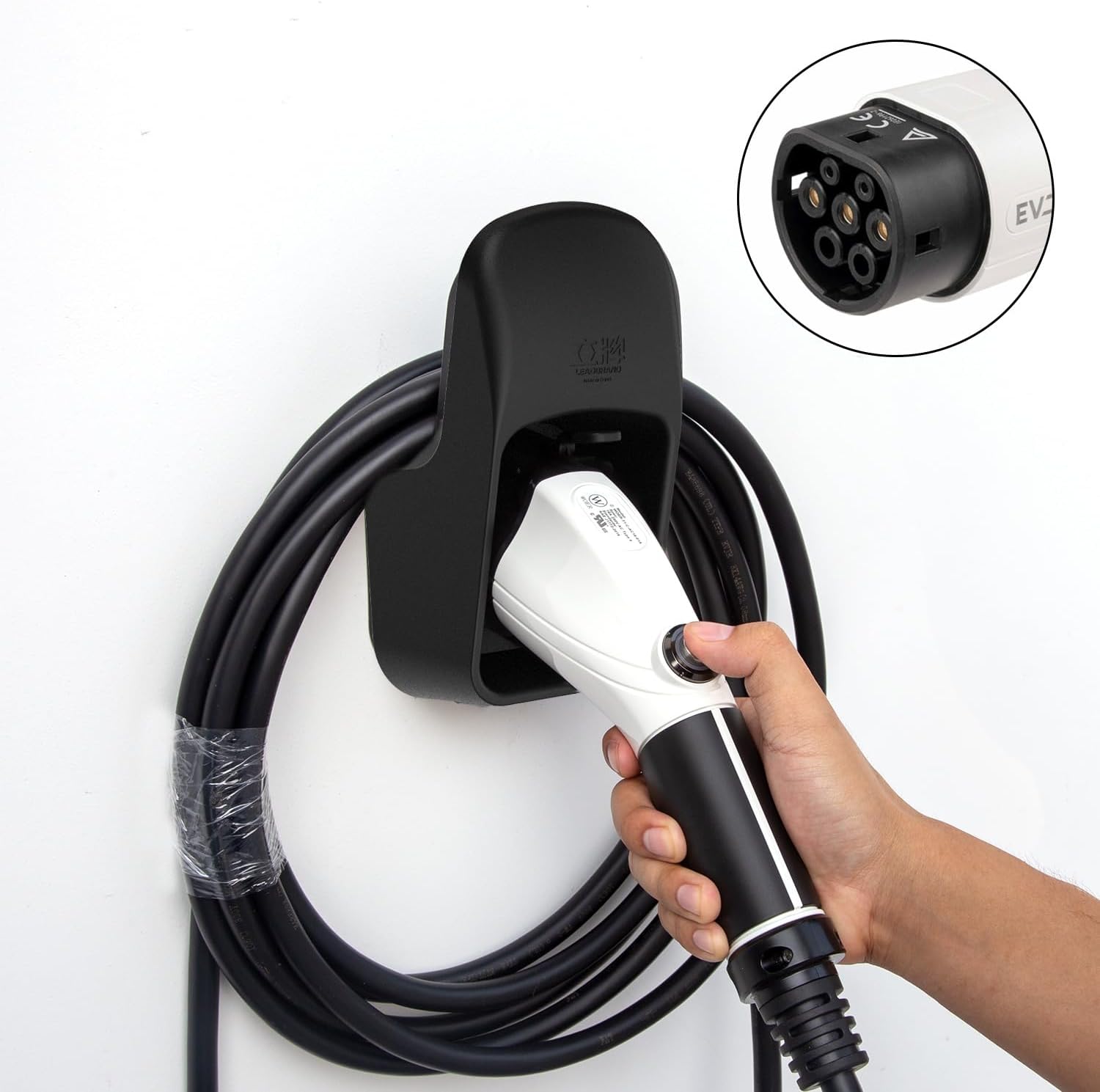 Detalle de leadstand Universal Type 2 EV Charger Holder – Heavy-Duty Wall Mounted Cable Organiser (Black)