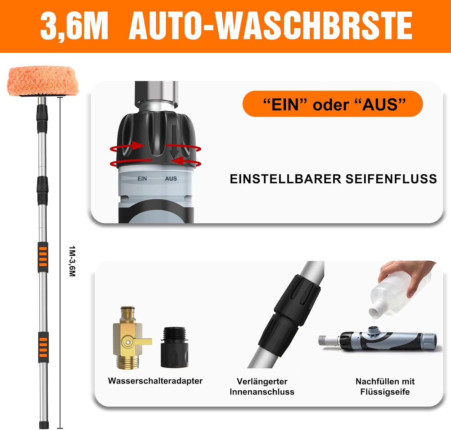 Thumbnail 3 de LAANPOLE 3,6m Teleskop-Autowaschbürste mit 30 cm Bürstenkopf – flexibel, schonend und hoch hinaus