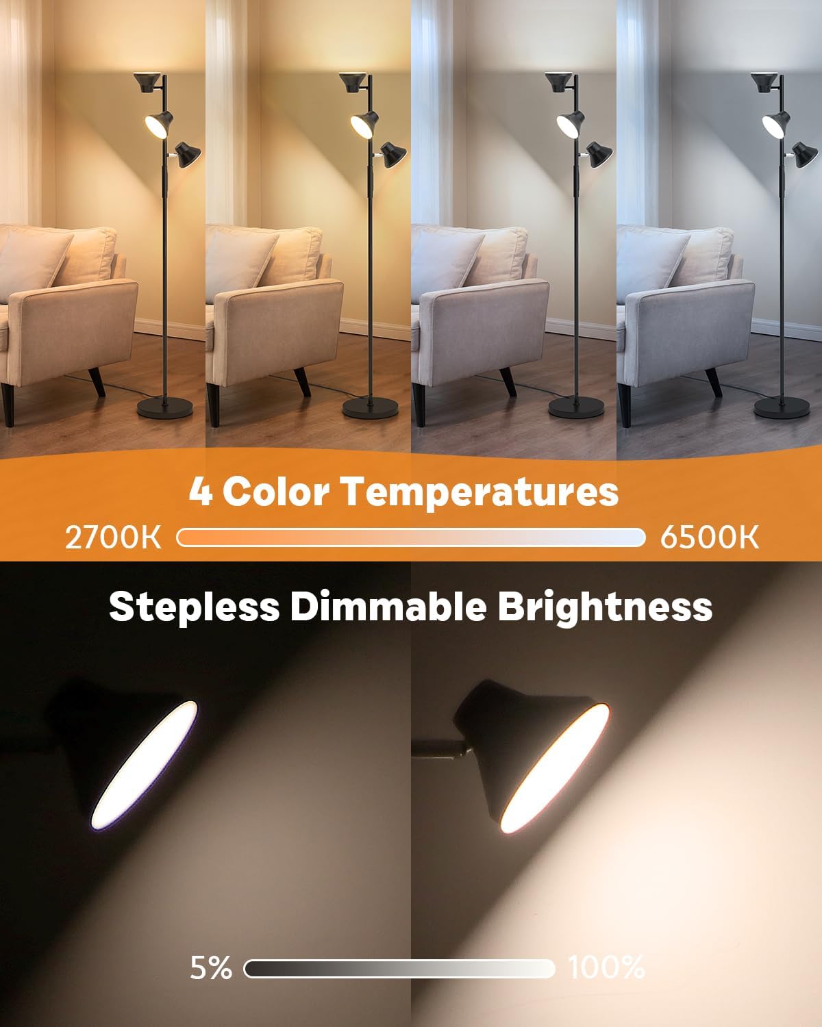 Thumbnail 3 de SIBRILLE Lampada da Terra dimmerabile 36W, 2500LM LED con telecomando e 3 luci orientabili (2700K–6500K)