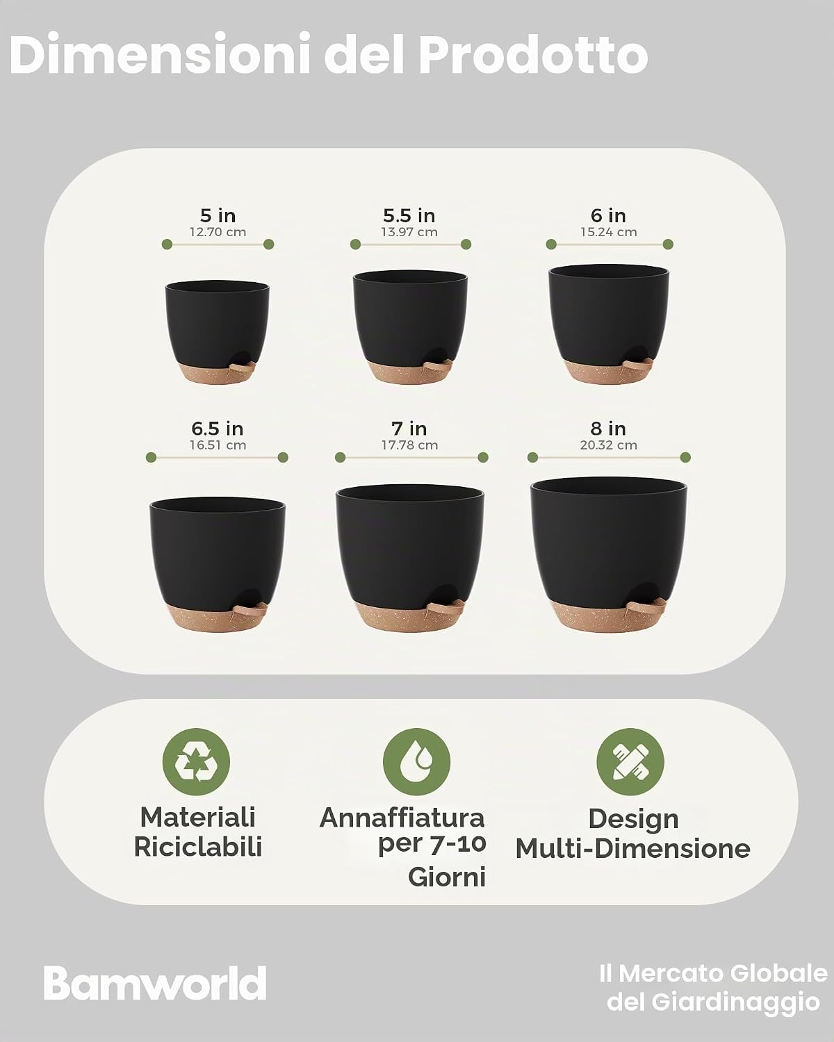 Thumbnail 2 de Bamworld Vaso per Piante da Interno con drenaggio – Set 6 Autoirrigante (12,7–20,3 cm) in Plastica di Qualità
