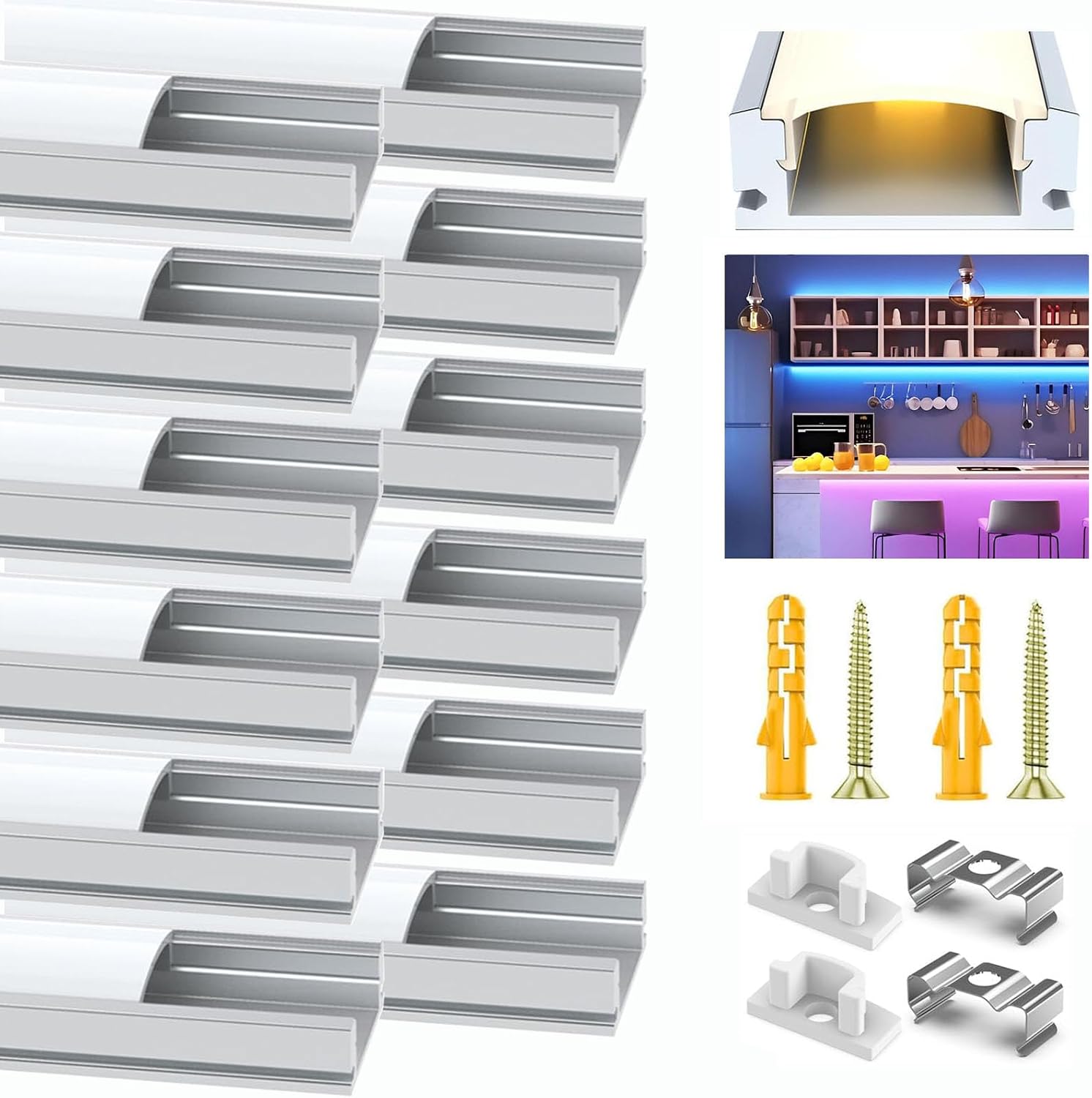 Detalle de VEANANO U-Shape aluminium LED channel kit (12-pack, 1m each) with milky diffuser cover, end caps and mounting clips