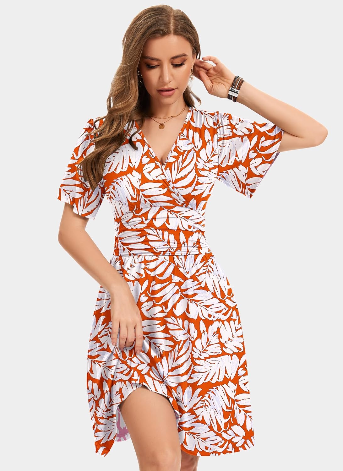 Detalle de WNEEDU Sommerkleider Damen Elegant Kleid mit Rüschenärmeln, Empire Taille und Taschen