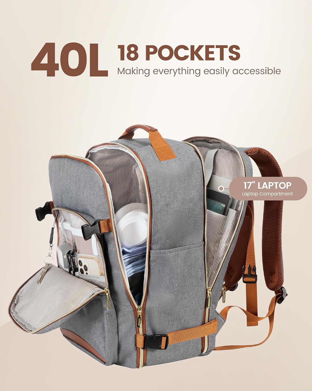Detalle de LOVEVOOK 40L Travel Backpack for Women & Men – Airline-Approved Carry-On with 3 Packing Cubes