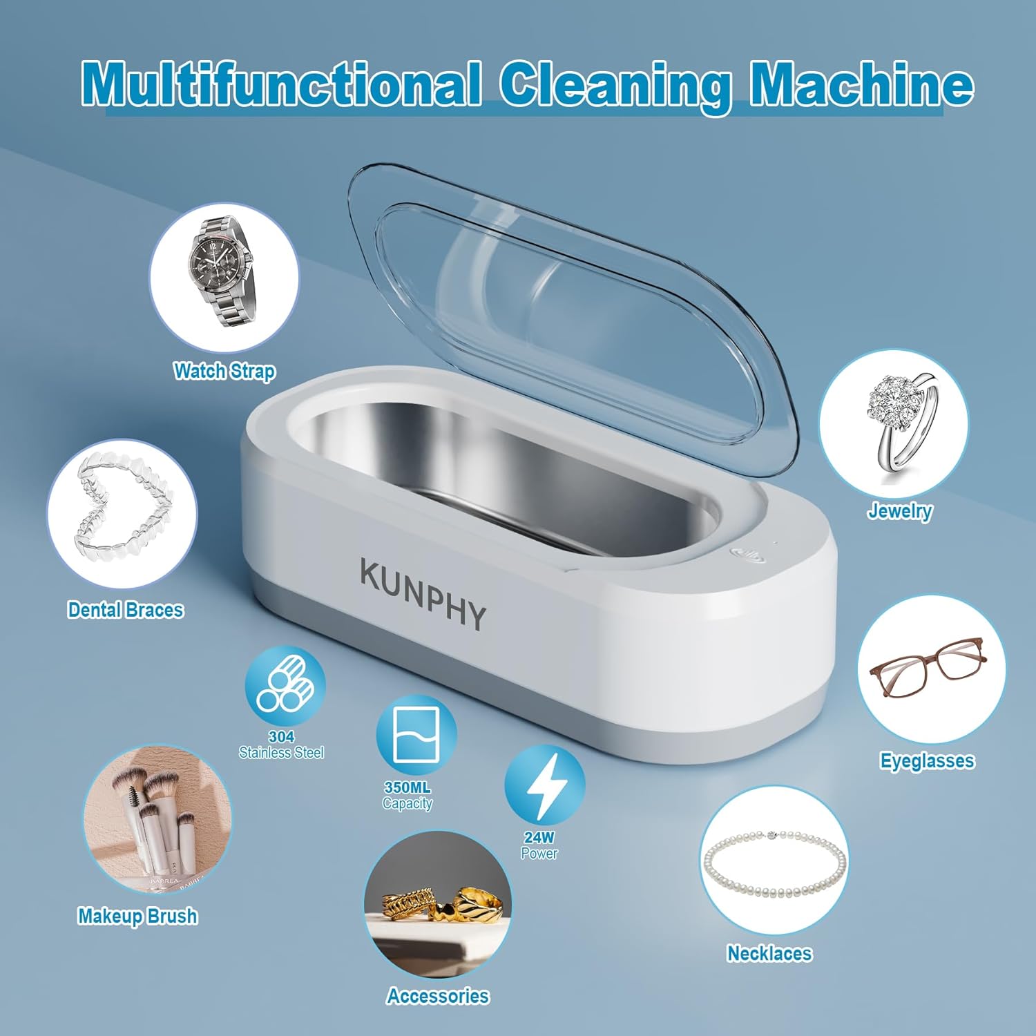 Detalle 1 de KUNPHY Ultrasonic Jewellery Cleaner (12oz, 46kHz) – one-touch ultrasonic cleaner for rings, glasses & more