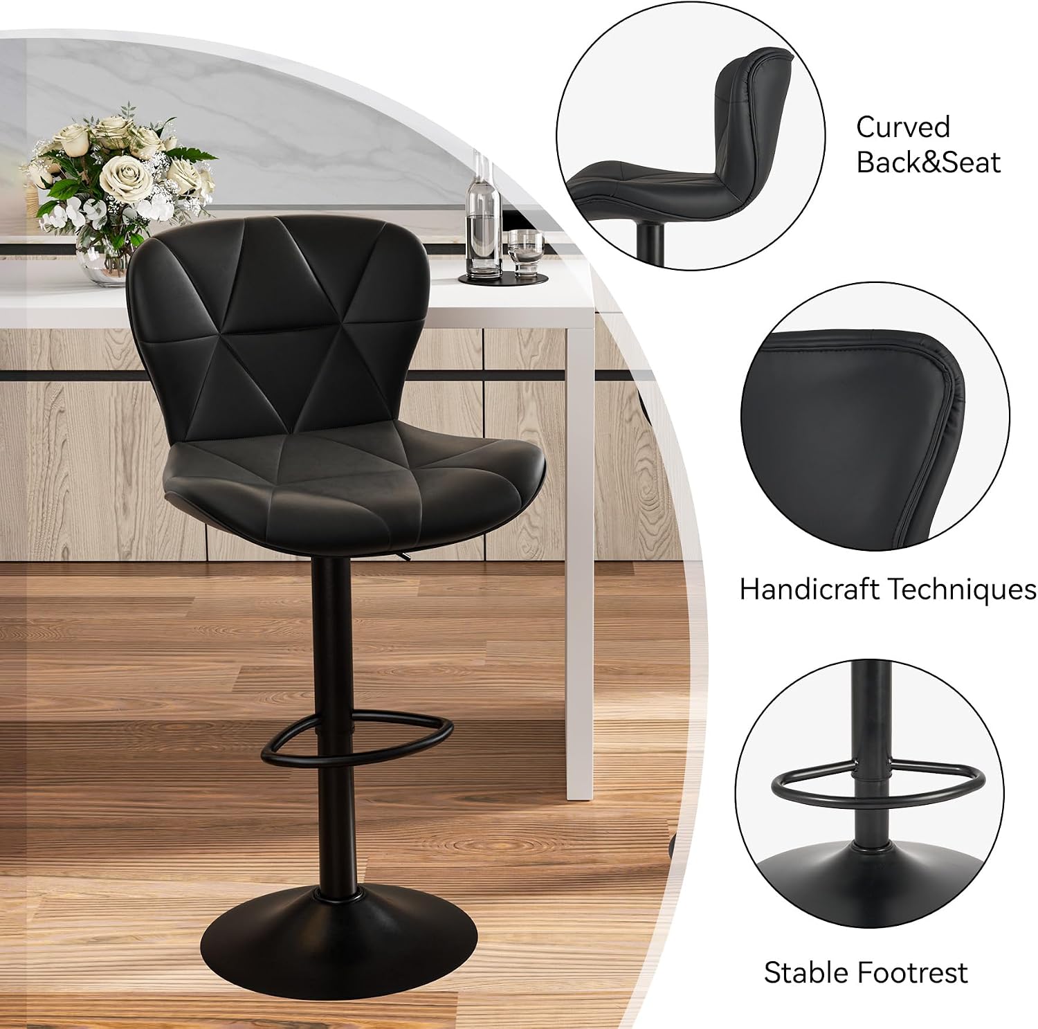 Detalle de Nalupatio Modern Bar Stools Set of 2, Adjustable Faux Leather Swivel, Black