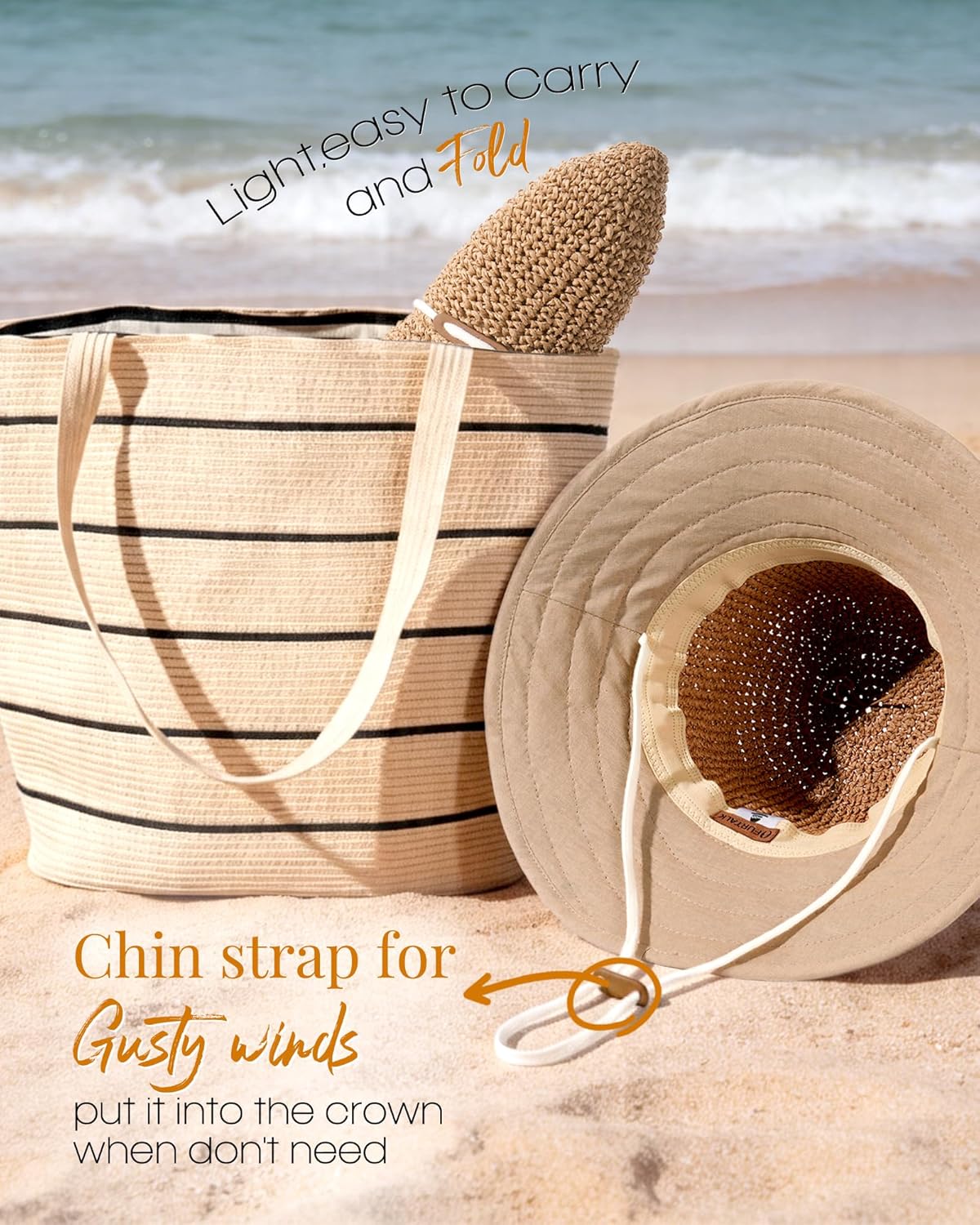 Detalle de FURTALK Summer Straw Beach Hat for Women with UPF 50: Foldable Wide-Brim Sun Hat