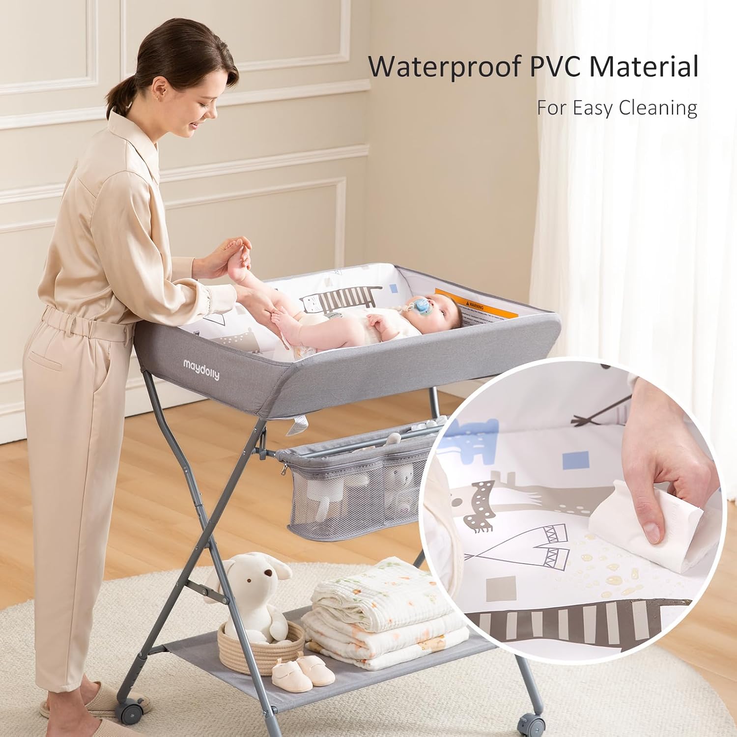 Detalle 2 de Maydolly Baby Changing Table with Wheels, Adjustable Height, Folding Light Gray
