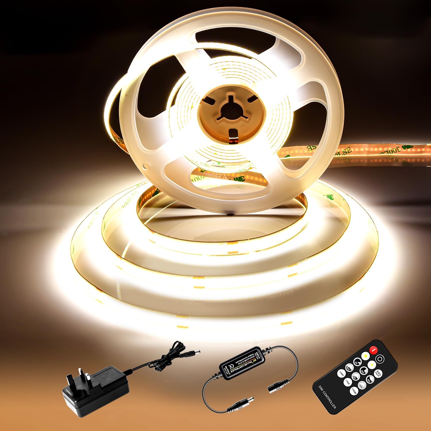 Detalle de luktix COB LED Strip 5M: 4000K Natural White, 24V Dimmable, CRI92+, Remote + UKCA Power Supply