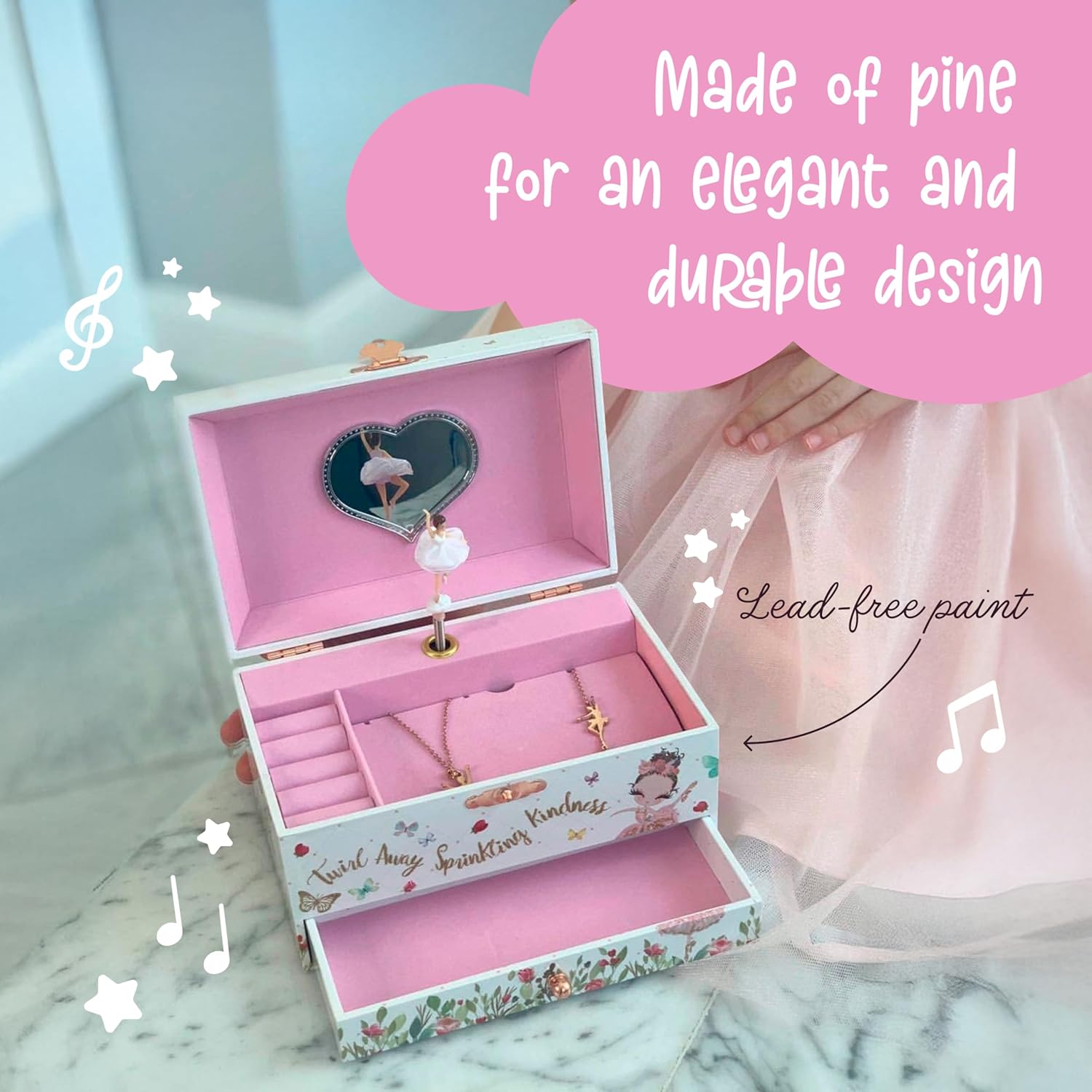Detalle de The Memory Building Co Ballerina Musical Jewelry Box – Classic Clair de Lune, 2-Tier MDF Organizer for Kids (Ages 6–12)