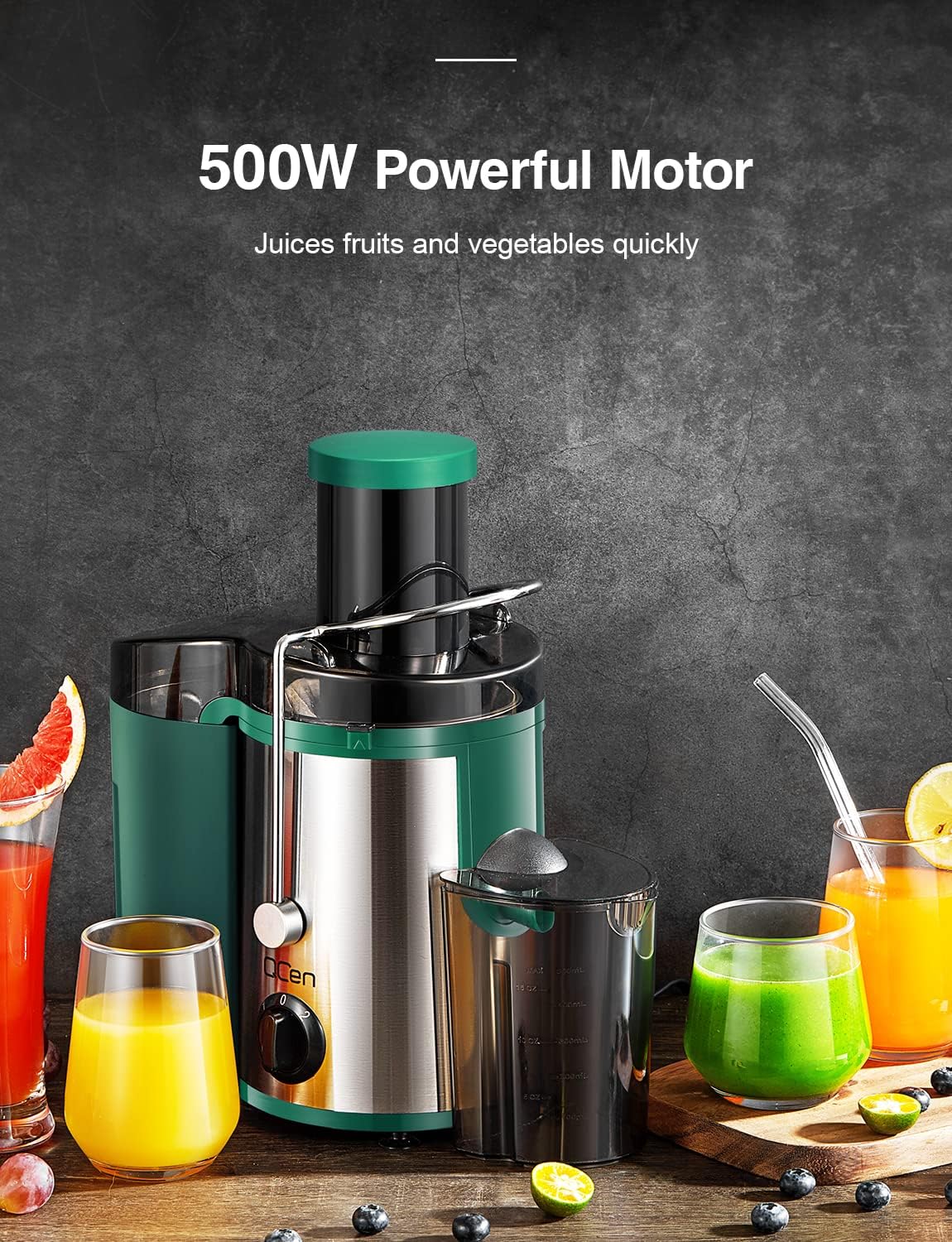 Detalle 2 de QCen KS-501 Centrifugal Juicer, 500W, 3-Inch Wide Feed Chute