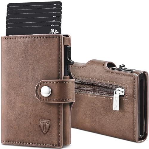 Detalle de TENBST Cartera Tarjetero RFID con bloqueo, billetera pop-up automática de cuero (marrón) para 8 tarjetas