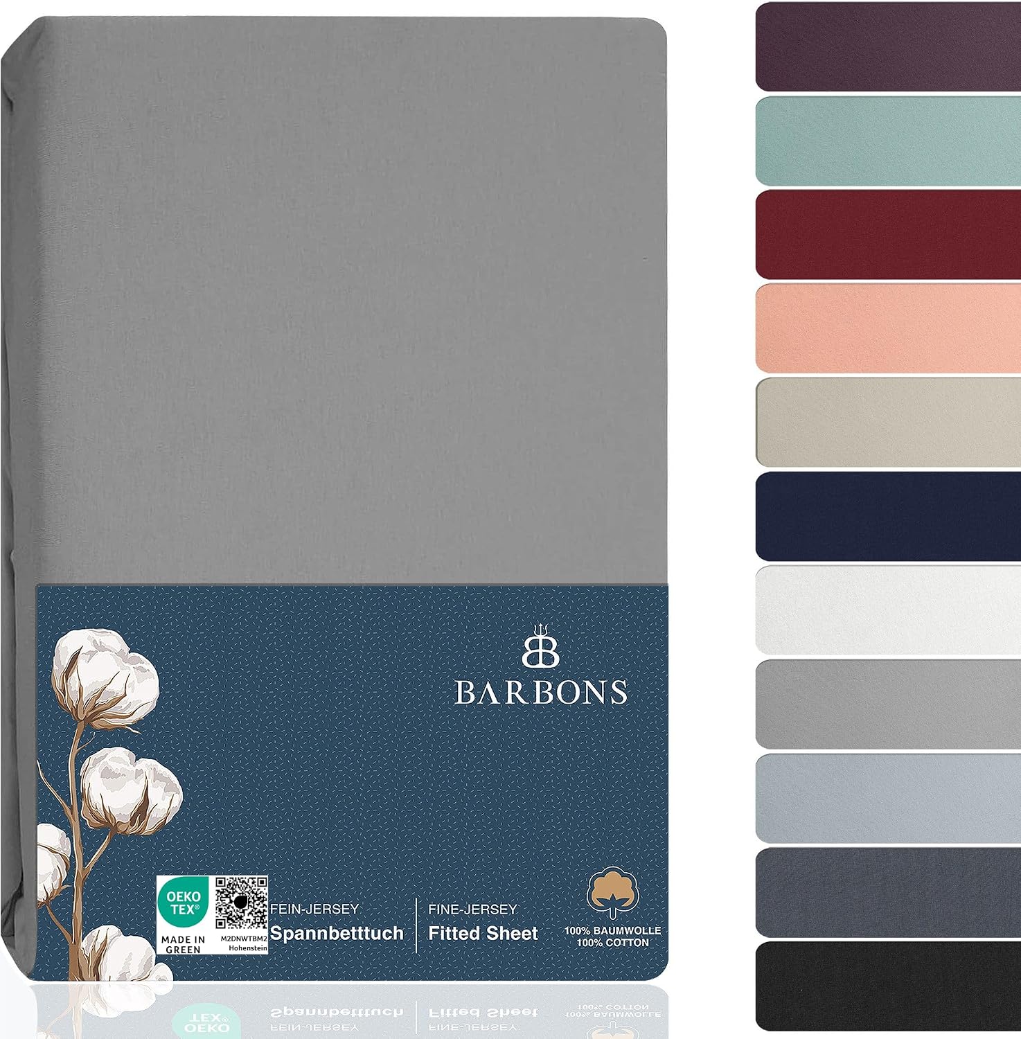 Detalle de BARBONS Spannbettlaken 120x200 cm – 100% Baumwolle, Jersey, Oeko-Tex, Dunkelgrau