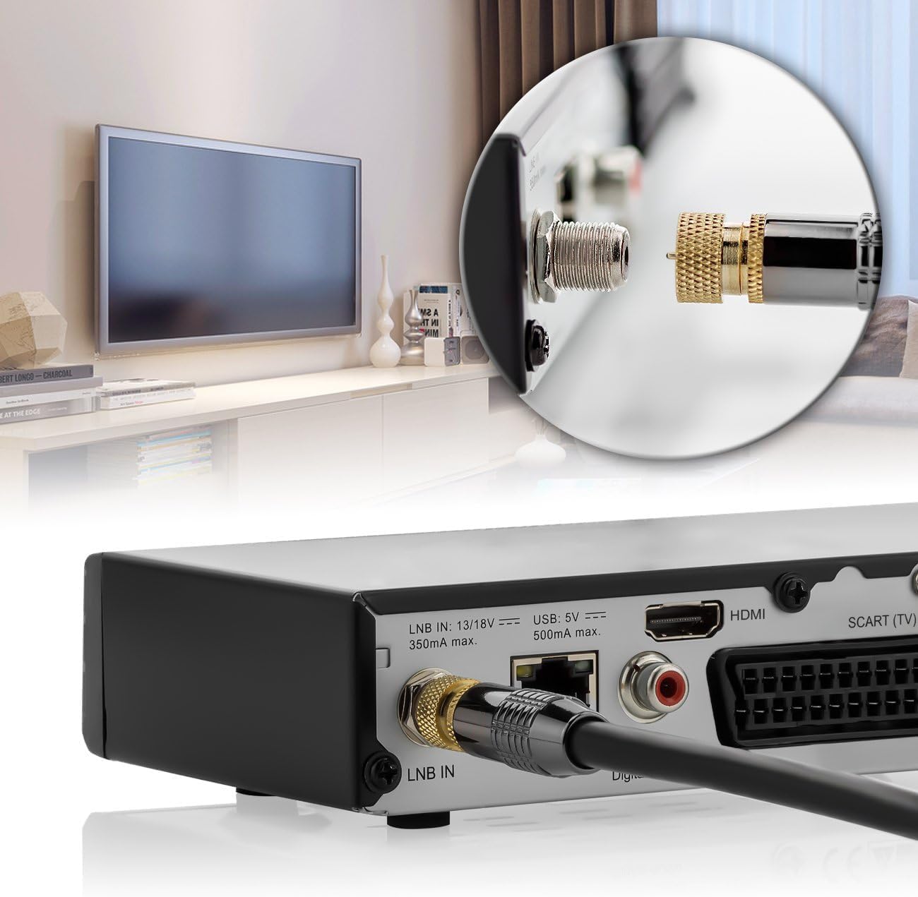 Detalle de DELEYCON 1,5 m SAT Antennenkabel Koaxialkabel F-Stecker 90° gewinkelt zu F-Stecker Gerade – HDTV/Full HD/4K, Schwarz