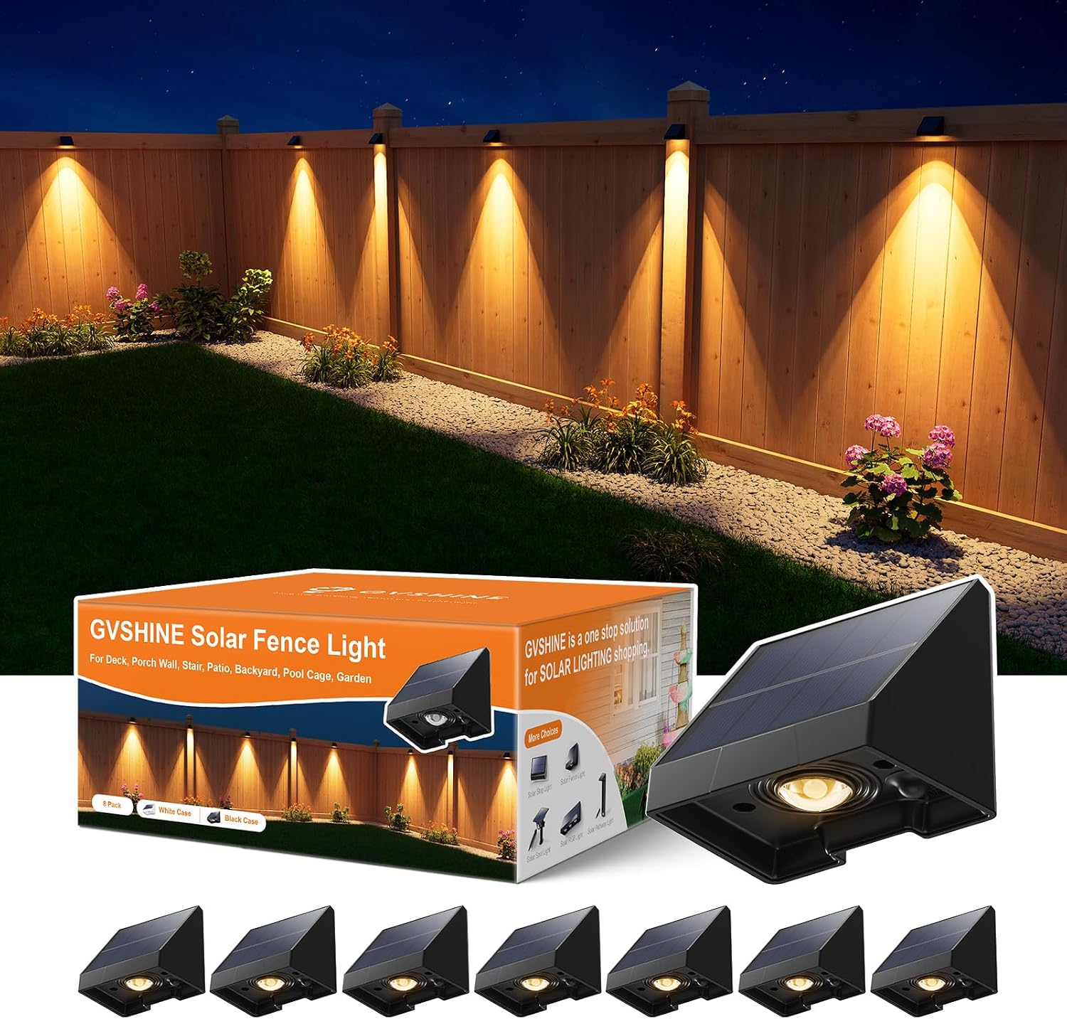 Detalle de GVSHINE GV0622 Solar Fence Lights, 8-Pack, Warm White, IP65