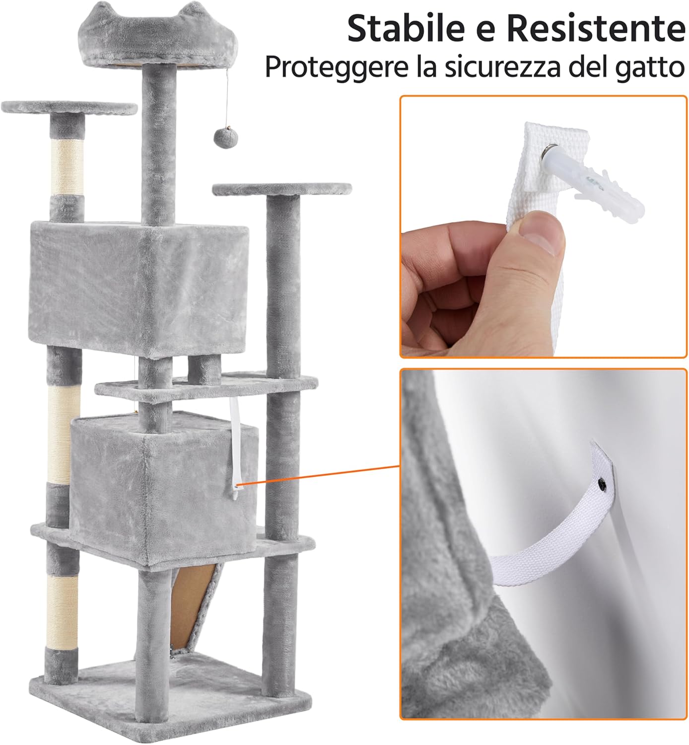 Thumbnail 6 de Yaheetech Albero tiragraffi per gatti da 178 cm con 3 tiragraffi, 3 posatoi e corda/sisal