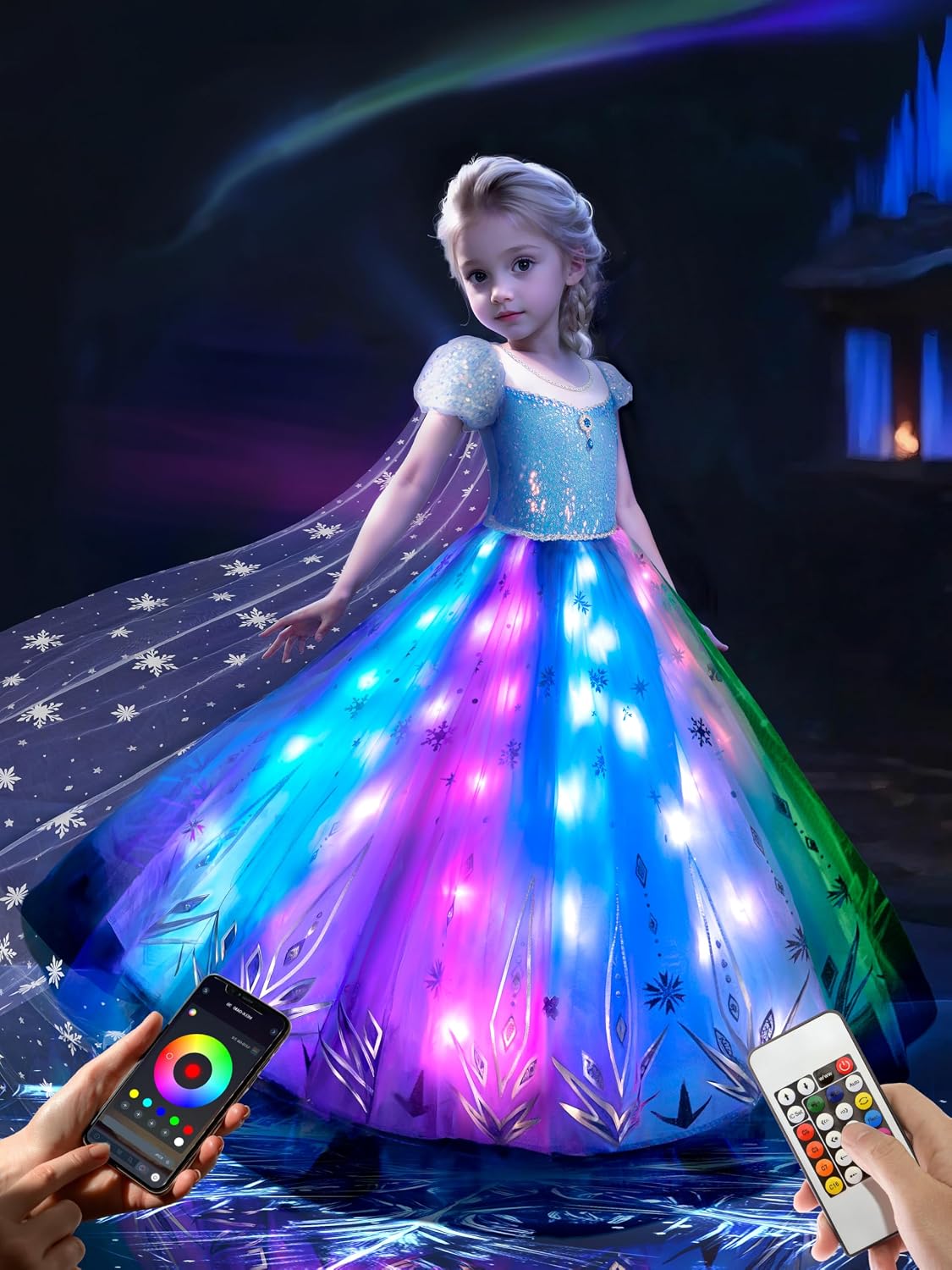Detalle de BLINGCOS Princess Costume with RGB LED Lights for Girls (Ages 3–9) – Music-Sync Interactive Dress