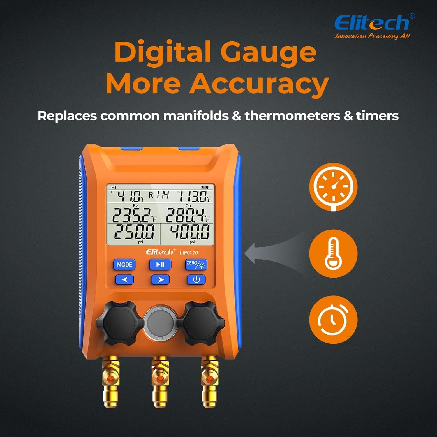 Thumbnail 2 de Elitech LMG-10 digital manifold gauge for HVAC testing with 2 temperature clamps