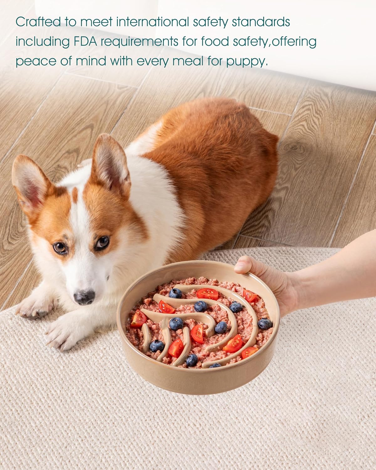 Detalle de vancasso Slow Feeder Dog Bowl (1.5 Cup) – ceramic maze puzzle bowl for small & medium pets, brown