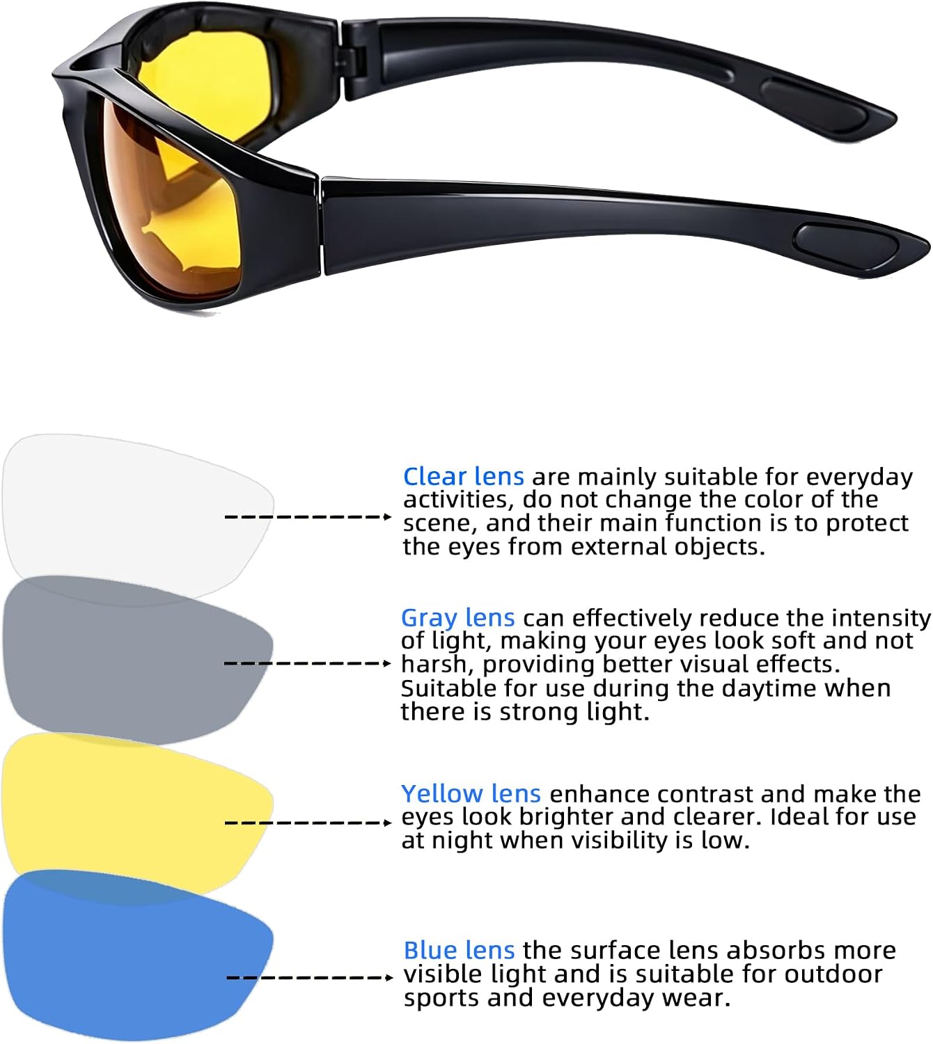 Detalle de YISUGOOC 4 Pair Motorcycle Glasses Riding Glasses with UV Protection, Windproof & Dustproof – 4 Lenses (Yellow, Gray, Blue, Clear)