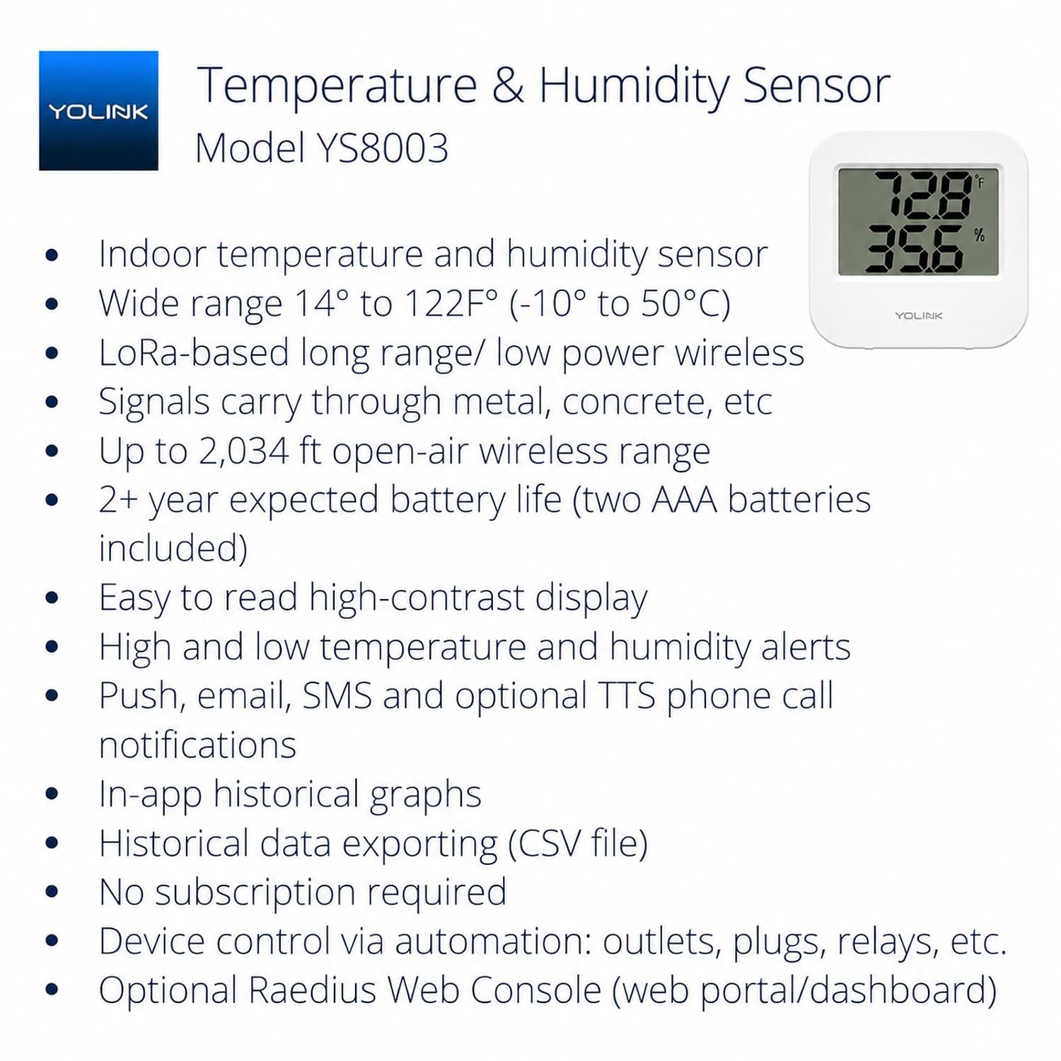 Detalle de YoLink YS8003 Indoor Temperature and Humidity Sensor with LoRa Alerts