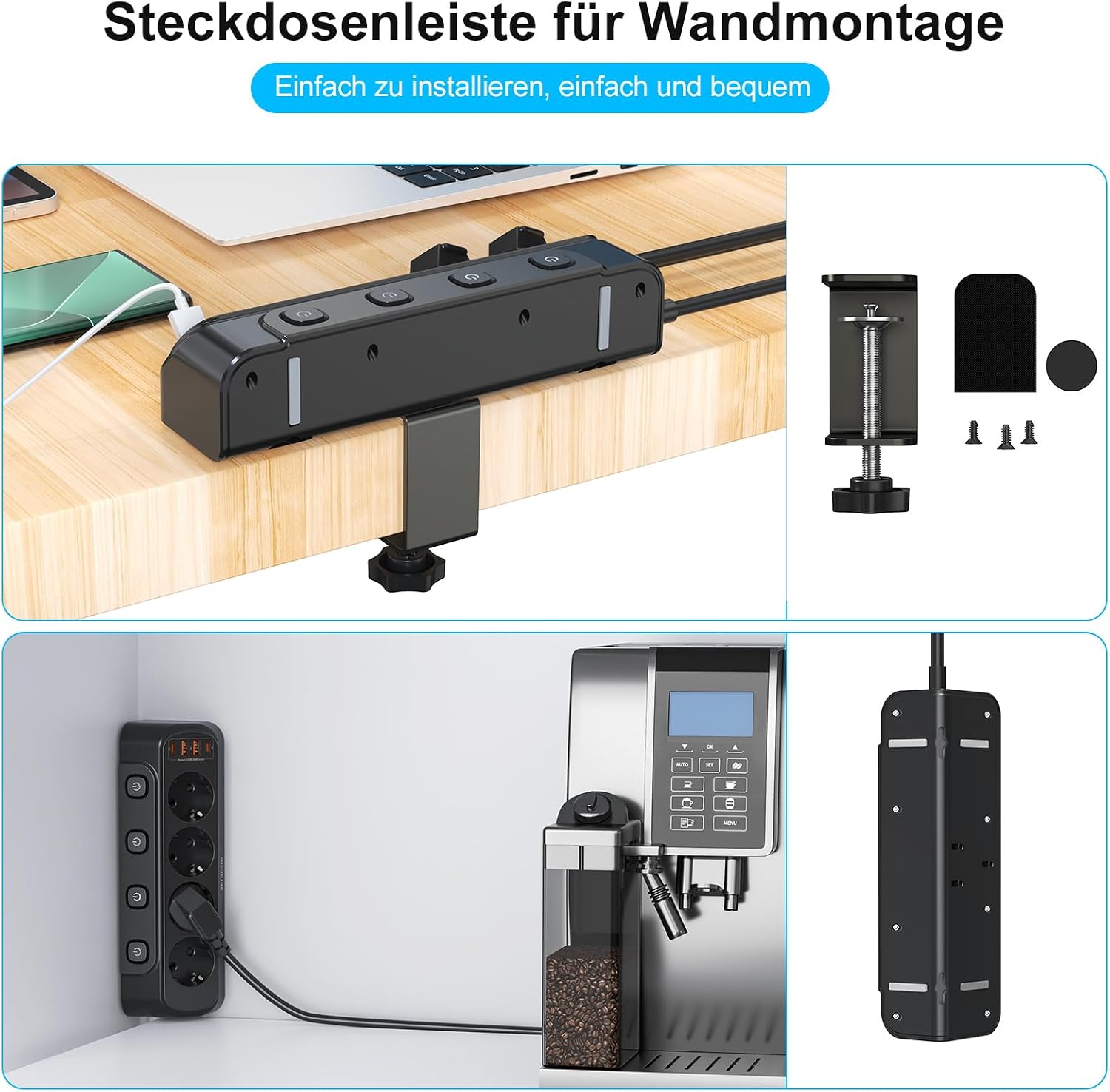 Detalle 2 de HITRENDS Black bordsuttag med USB-C PD 20 W och fyra strömbrytare