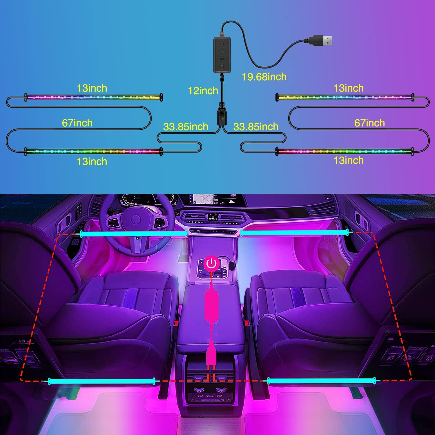 Thumbnail 3 de Nilight 72 LED USB Interior Strip Lights Dream Color RGBIC 12V DC with App, RF Remote, and Music Sync