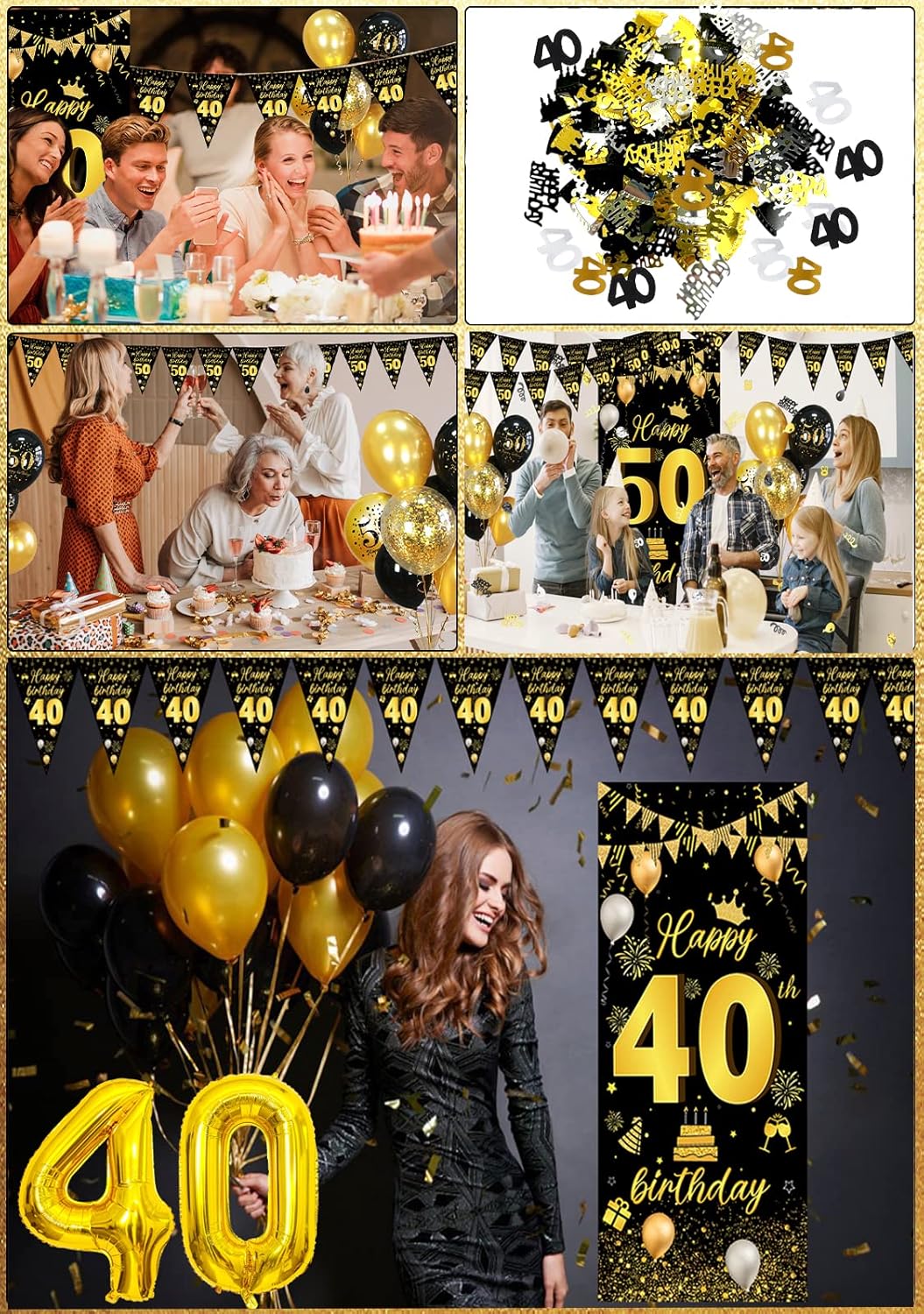 Thumbnail 5 de 40th Birthday Balloons & Decorations (Gold and Black) – Banner, Bunting, Foil Number 40 and Confetti Balloons