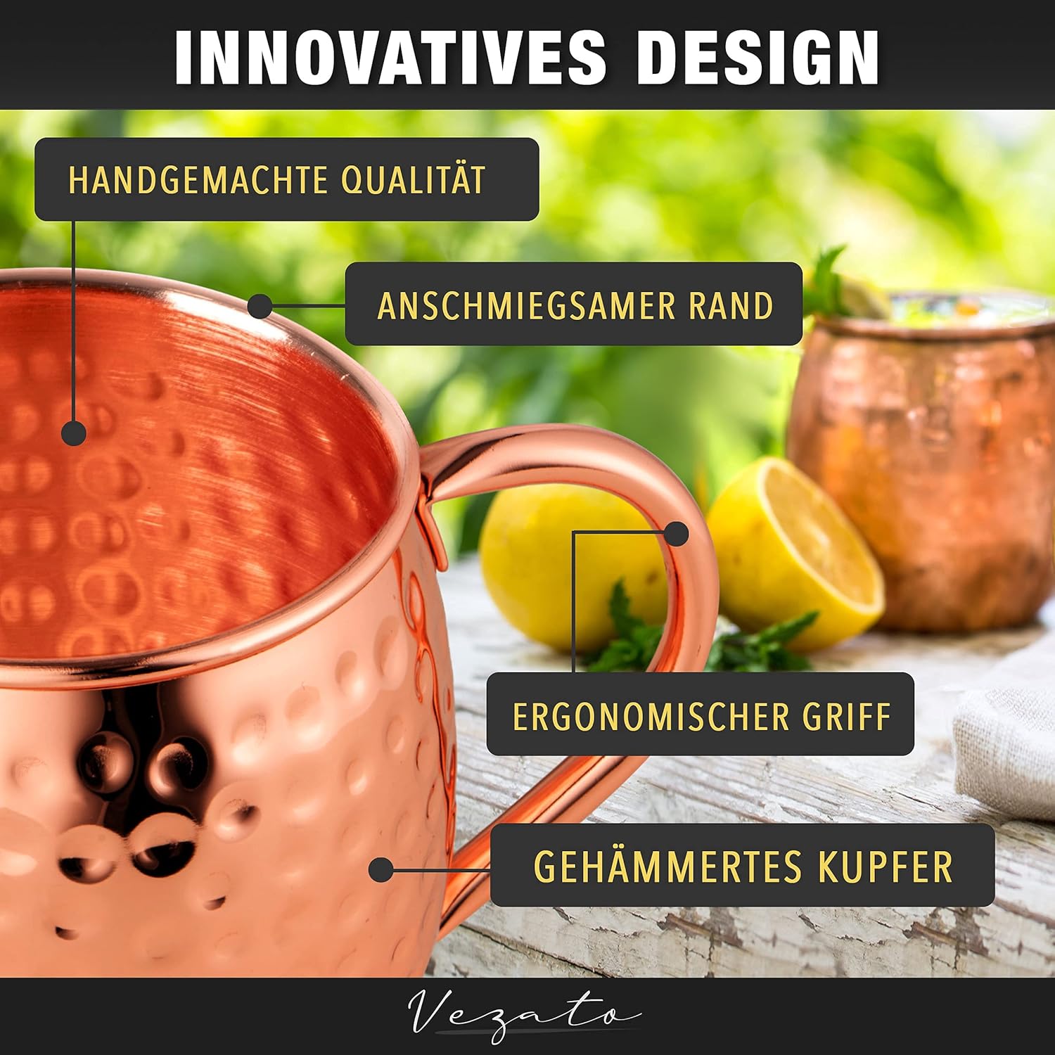 Detalle 2 de Vezato Moscow-Mule-Becher 500 ml – gehämmert, rostfreier Edelstahl mit Kupferbeschichtung, 4er Set inkl. Strohhalmen