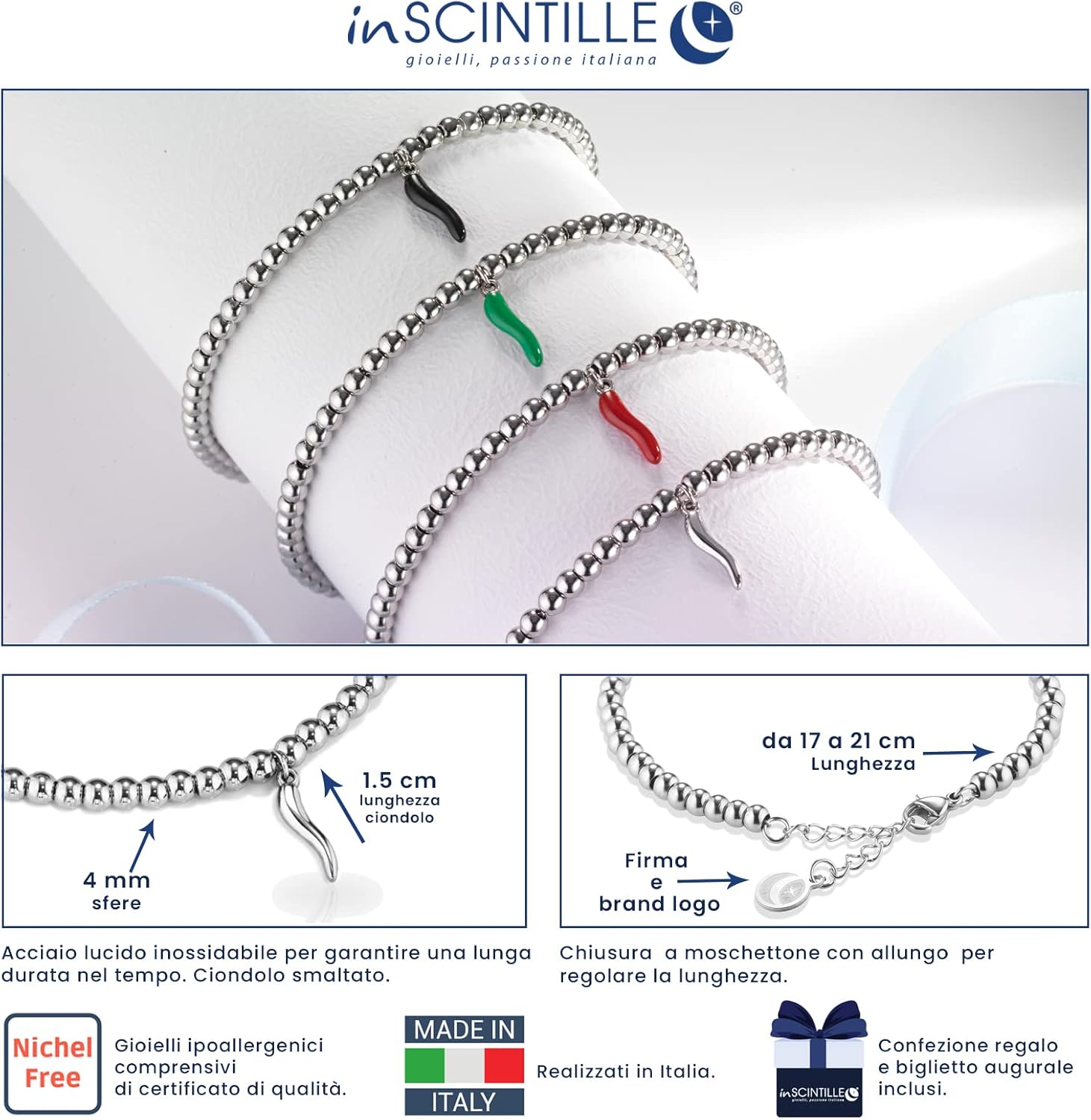 Detalle de inSCINTILLE Corni Bracciale Donna in Acciaio Inossidabile con Corno Portafortuna – Regalo Portafortuna